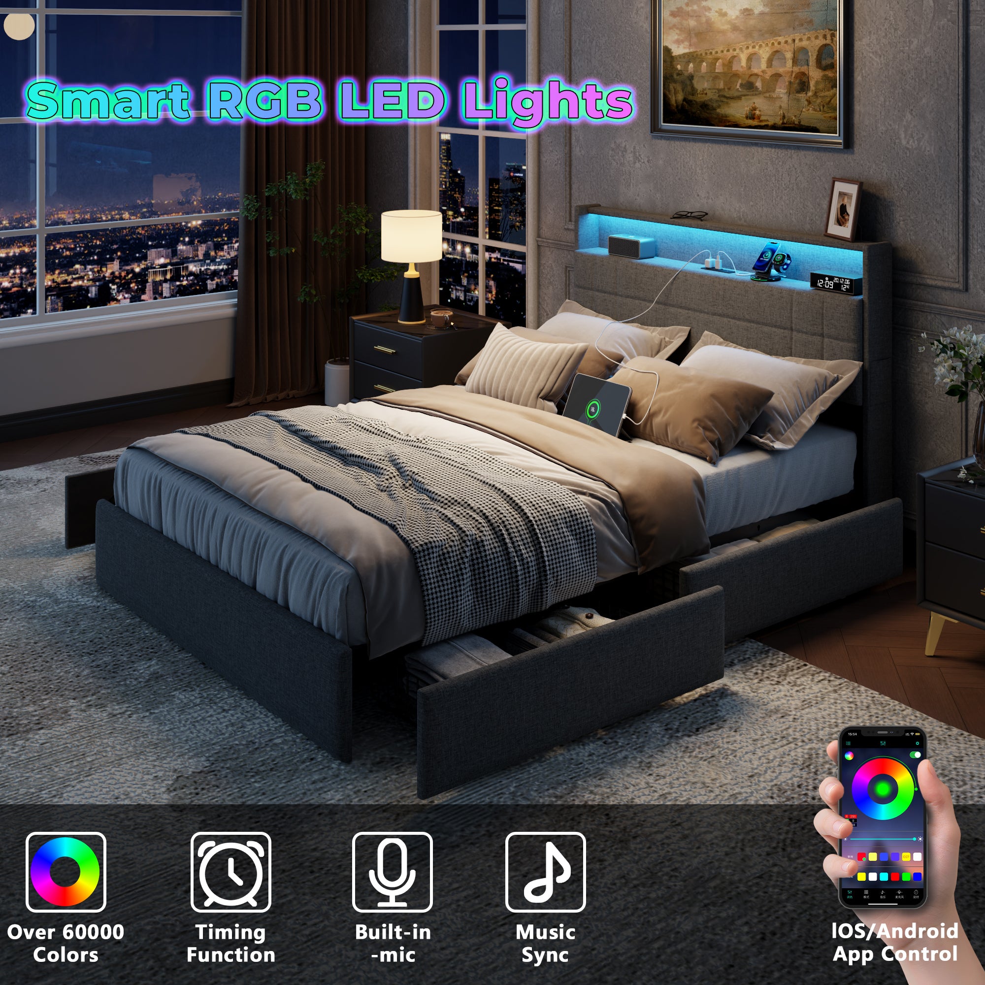 Gray Full Size Upholstered Bed Frame 4 Storage Drawers LED Lights Charging Station Headboard Heavy Duty Platform No Box Spring Needed