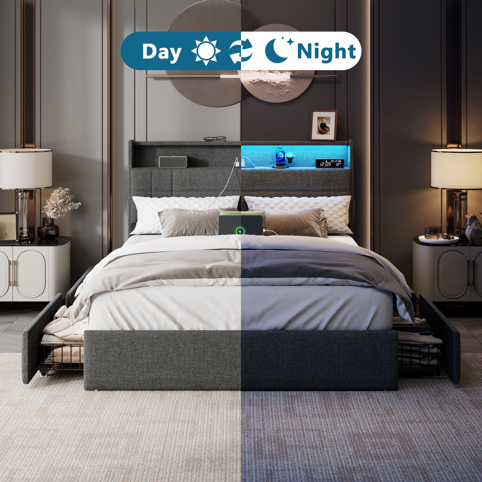 Gray Full Size Upholstered Bed Frame 4 Storage Drawers LED Lights Charging Station Headboard Heavy Duty Platform No Box Spring Needed