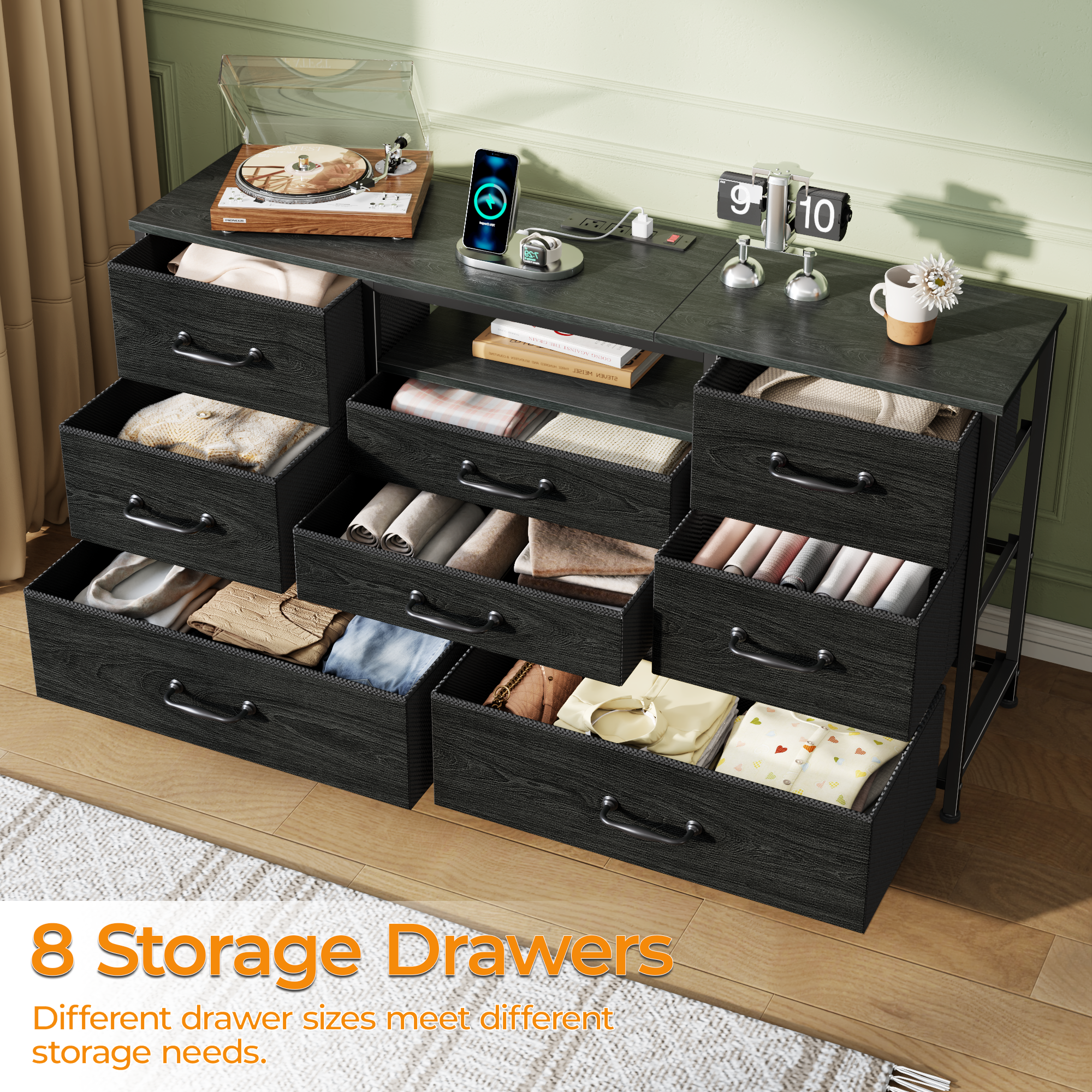 50 inch TV Stand for Bedroom with 8 Drawer Dresser and Charging Station Black Fabric Storage Tower Chest with Wood Shelves Media Console Organizer