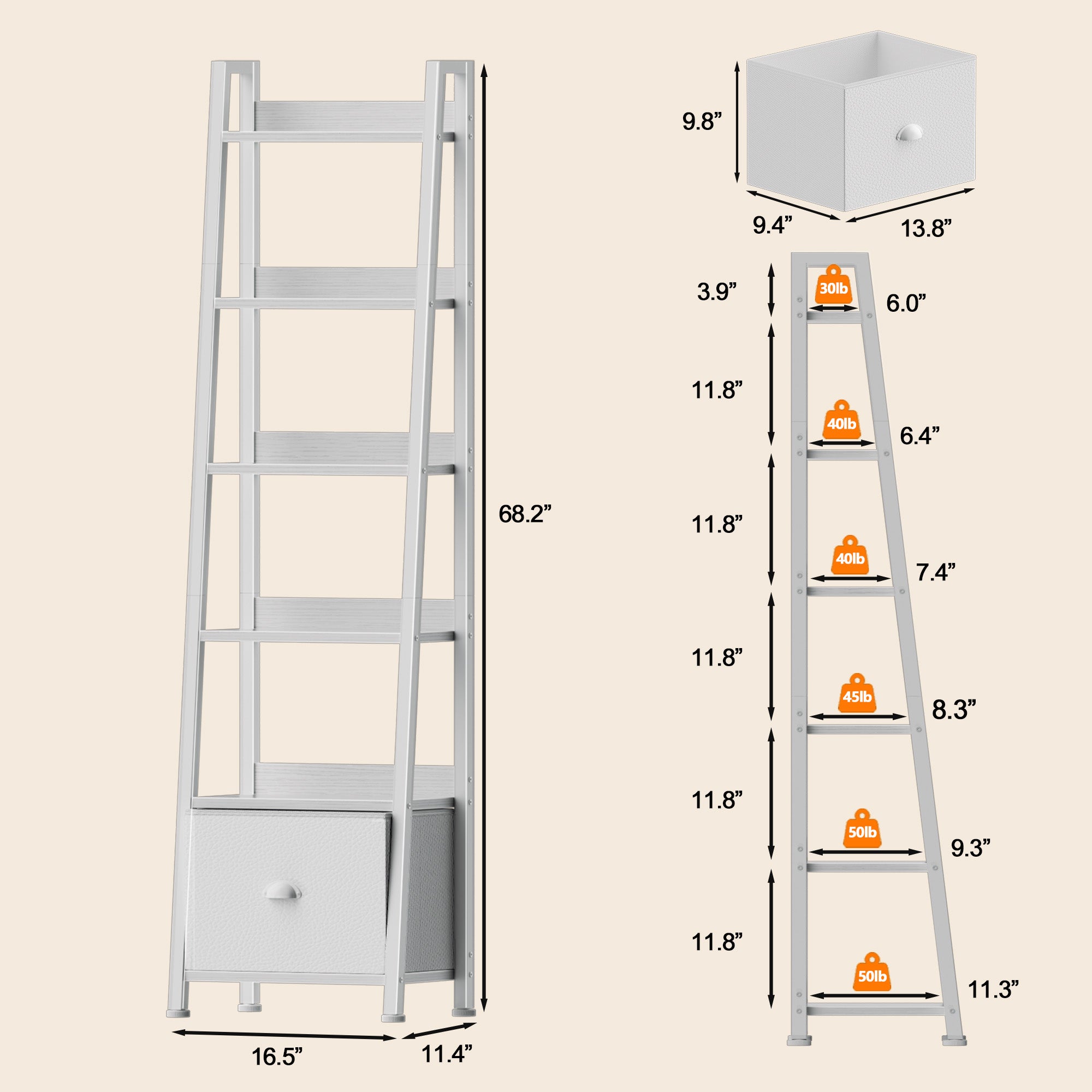 Qwatto White 6 Tier Ladder Bookshelf with Drawer Tall Industrial Wood Metal Freestanding Storage Rack Etagere Display Bookcase for Home Office Rooms