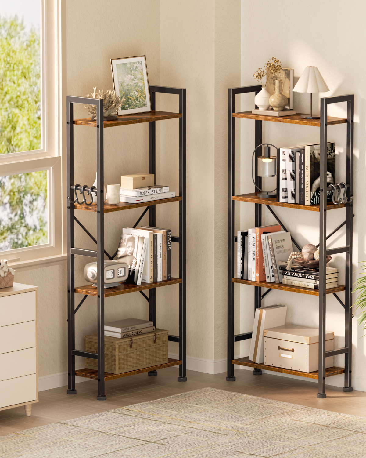 Qwatto Brown Triple 4 Tier Bookshelf 11 Open Display Shelves Wood Metal Storage Organizer Industrial Wide Shelving Unit Home Office Etagere Bookcase
