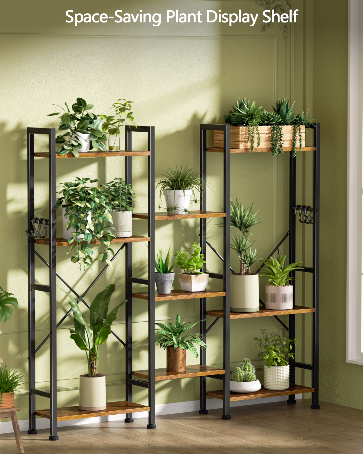 Qwatto Brown Triple 4 Tier Bookshelf 11 Open Display Shelves Wood Metal Storage Organizer Industrial Wide Shelving Unit Home Office Etagere Bookcase