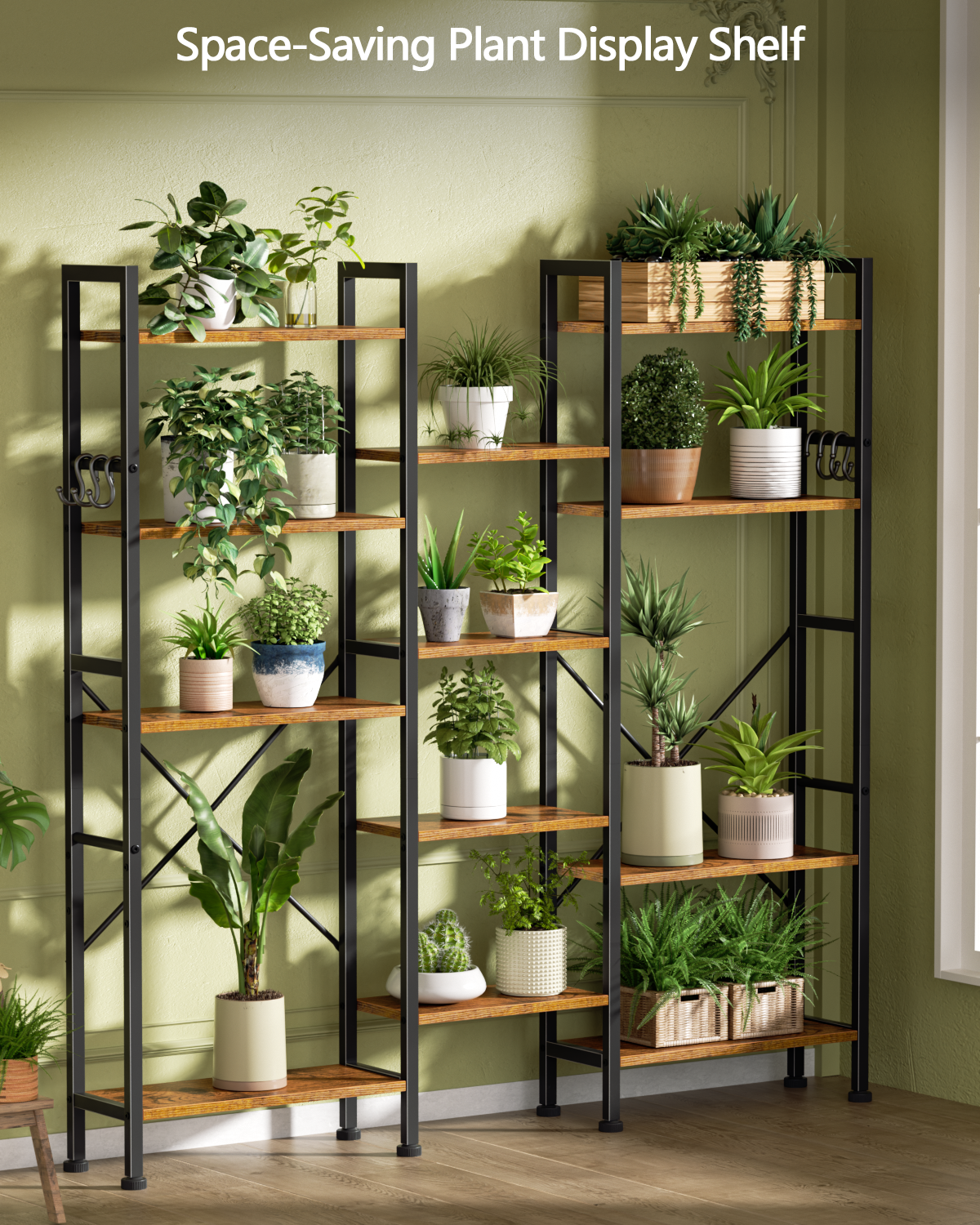 Qwatto Brown 5 Tier Bookshelf 14 Open Display Shelves Wood Metal Storage Organizer Industrial Wide Shelving Unit Freestanding Etagere in Home Office