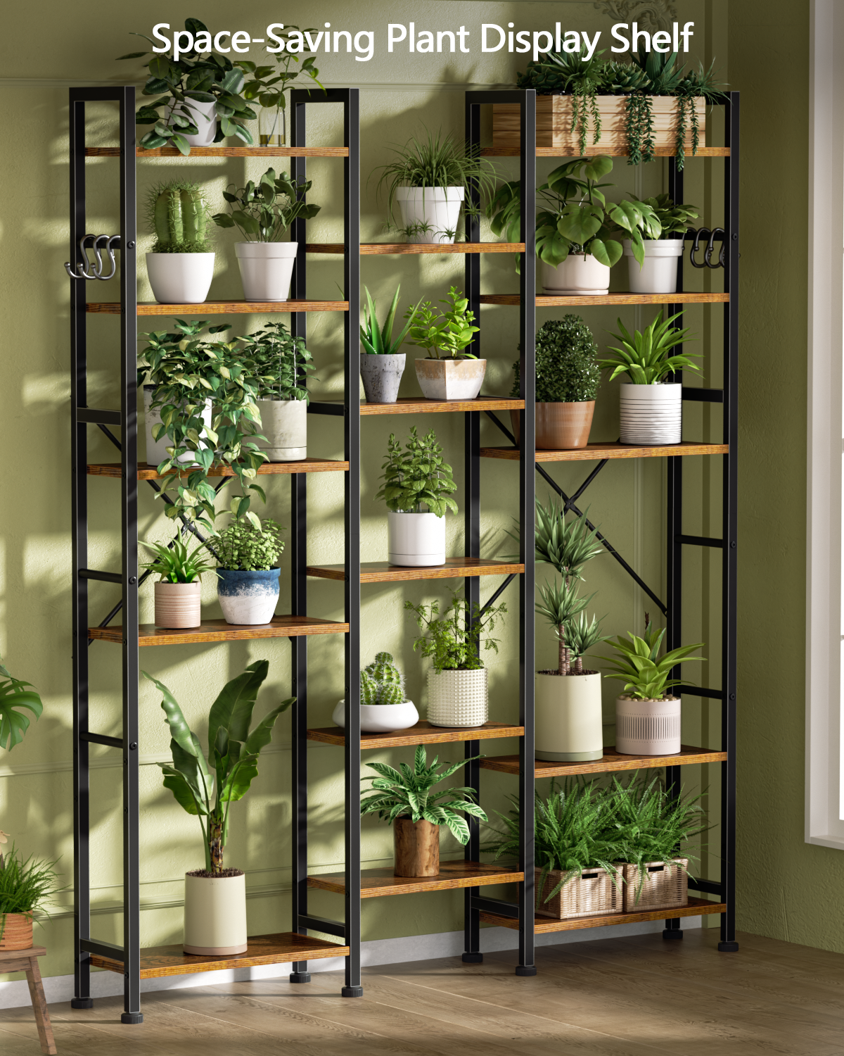 Qwatto Brown 6 Tier Bookshelf 17 Open Display Shelves Wood Metal Storage Organizer Industrial Wide Shelving Unit Freestanding Etagere in Home Office