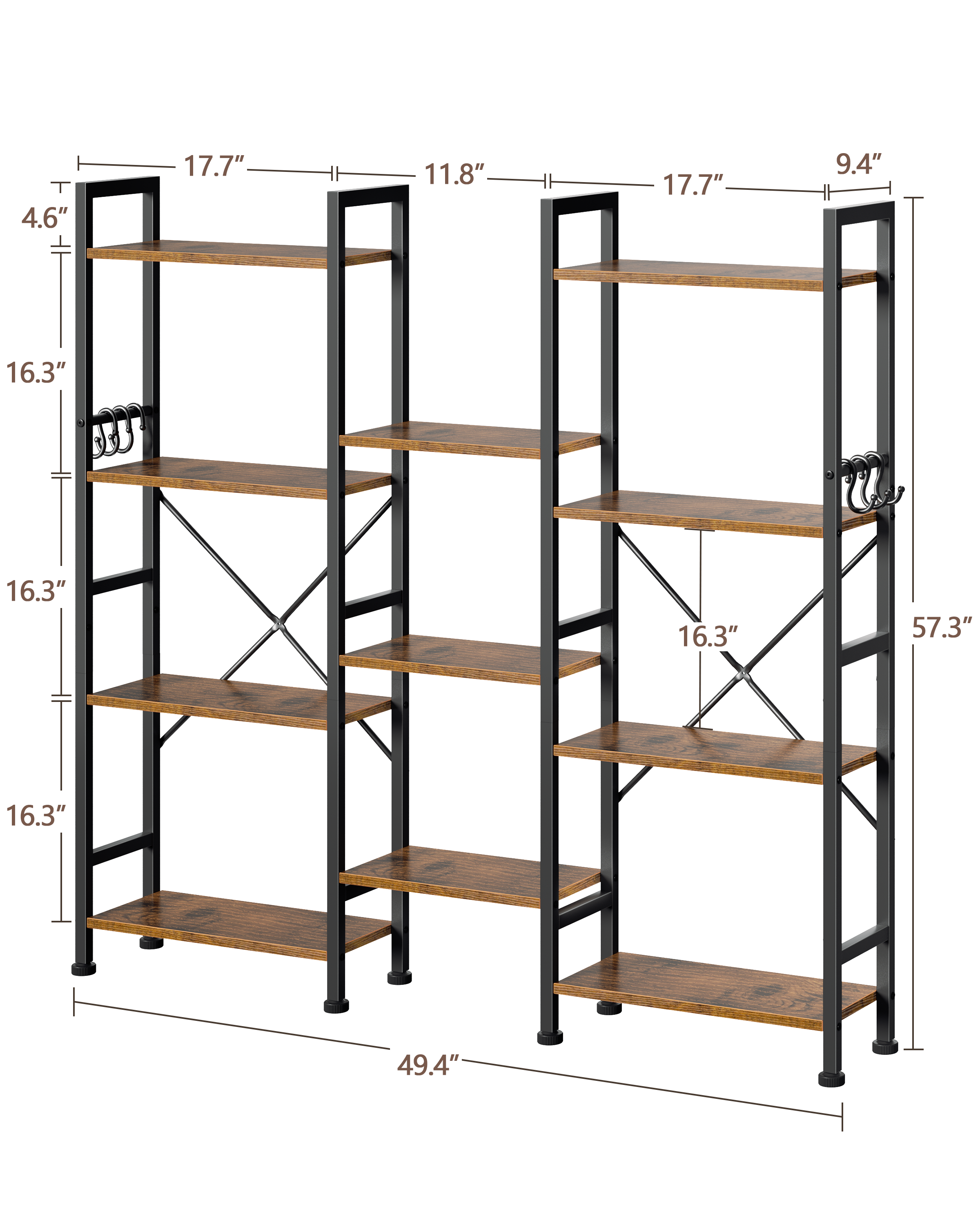 Qwatto Brown Triple 4 Tier Bookshelf 11 Open Display Shelves Wood Metal Storage Organizer Industrial Wide Shelving Unit Home Office Etagere Bookcase
