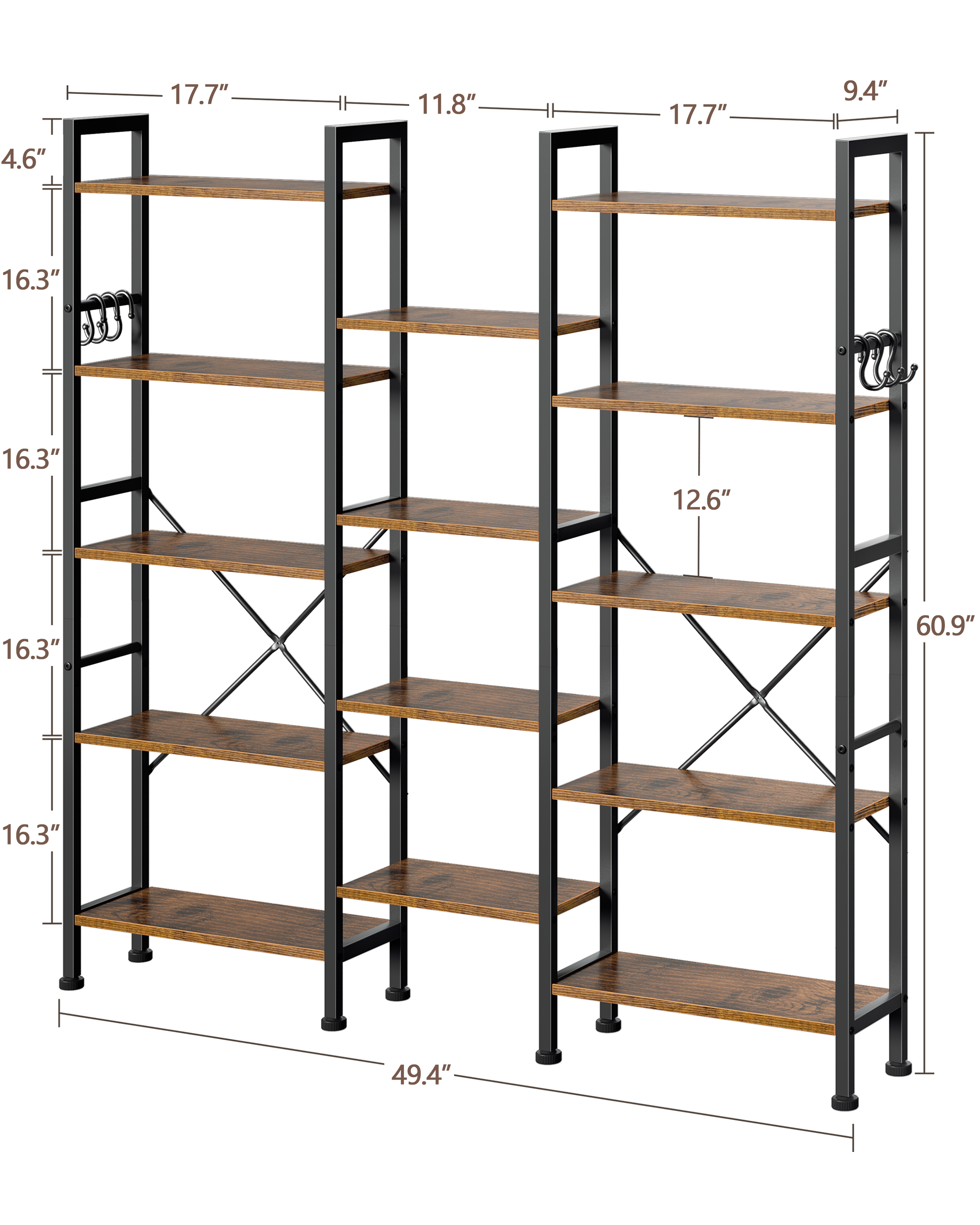 Qwatto Brown 5 Tier Bookshelf 14 Open Display Shelves Wood Metal Storage Organizer Industrial Wide Shelving Unit Freestanding Etagere in Home Office