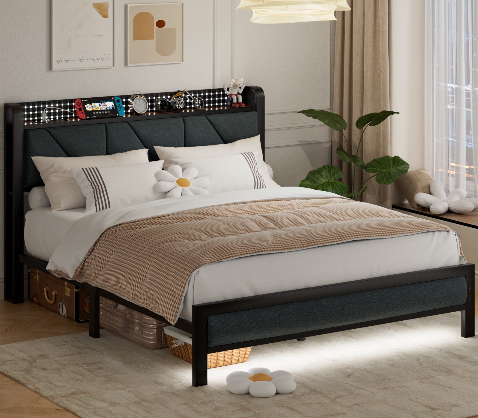 Furnulem Bed Frame with LED Lights,Headboard with Charging Station and USB Port,Upholstered Platform Bedframe Metal Support,No Box Spring Needed