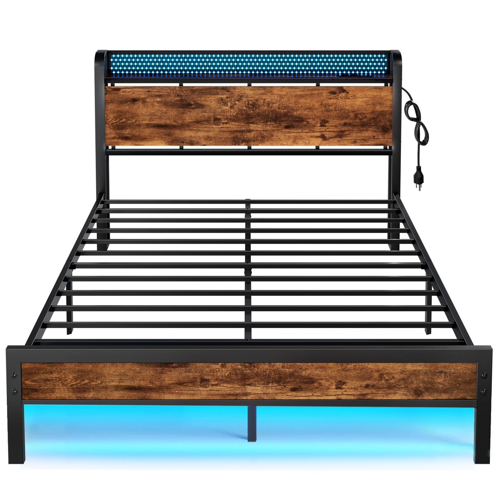 Furnulem Bed Frame with Charging Station and LED Lights,Industrial Platform Beds Queen Size with Storage Headboard,USB Port,Rustic Wood and Strong Metal Support,No Box Spring Needed, Noise Free