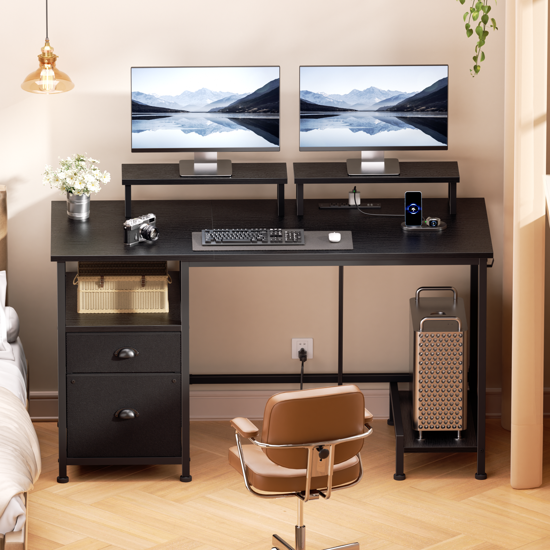 47 Inch Black Computer Desk with Charging Station File Cabinet Home Office Gaming Desk 2 Monitor Stands Storage Drawer Shelves Writing Table Bedroom