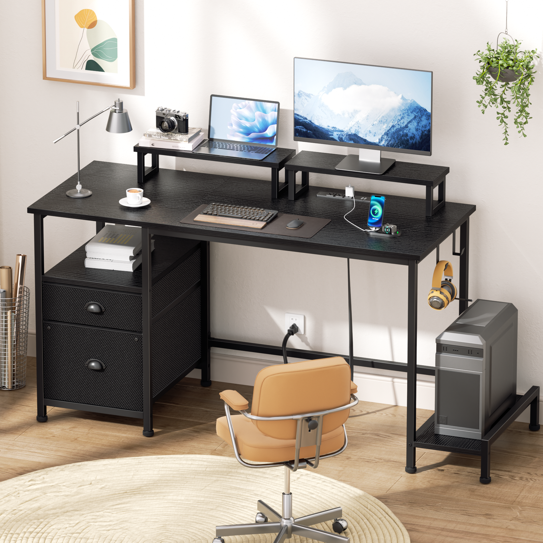 47 Inch Black Computer Desk with Charging Station File Cabinet Home Office Gaming Desk 2 Monitor Stands Storage Drawer Shelves Writing Table Bedroom