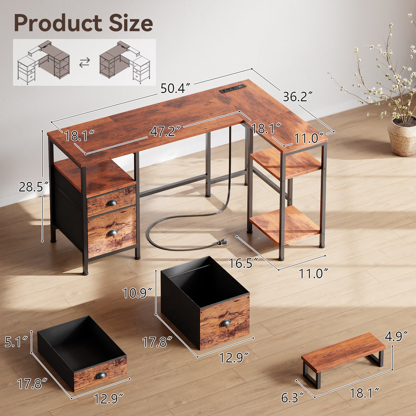 50 Inch Brown L Shaped Computer Desk with Charging Station Reversible Corner Gaming Desk File Cabinet Monitor Stand Storage Home Office Workstation