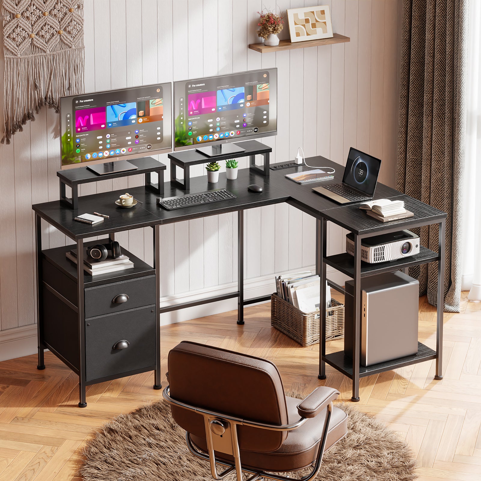 59 Inch Black L Shaped Computer Desk with Charging Station Reversible Corner Gaming Desk File Cabinet Monitor Stand Storage Home Office Workstation