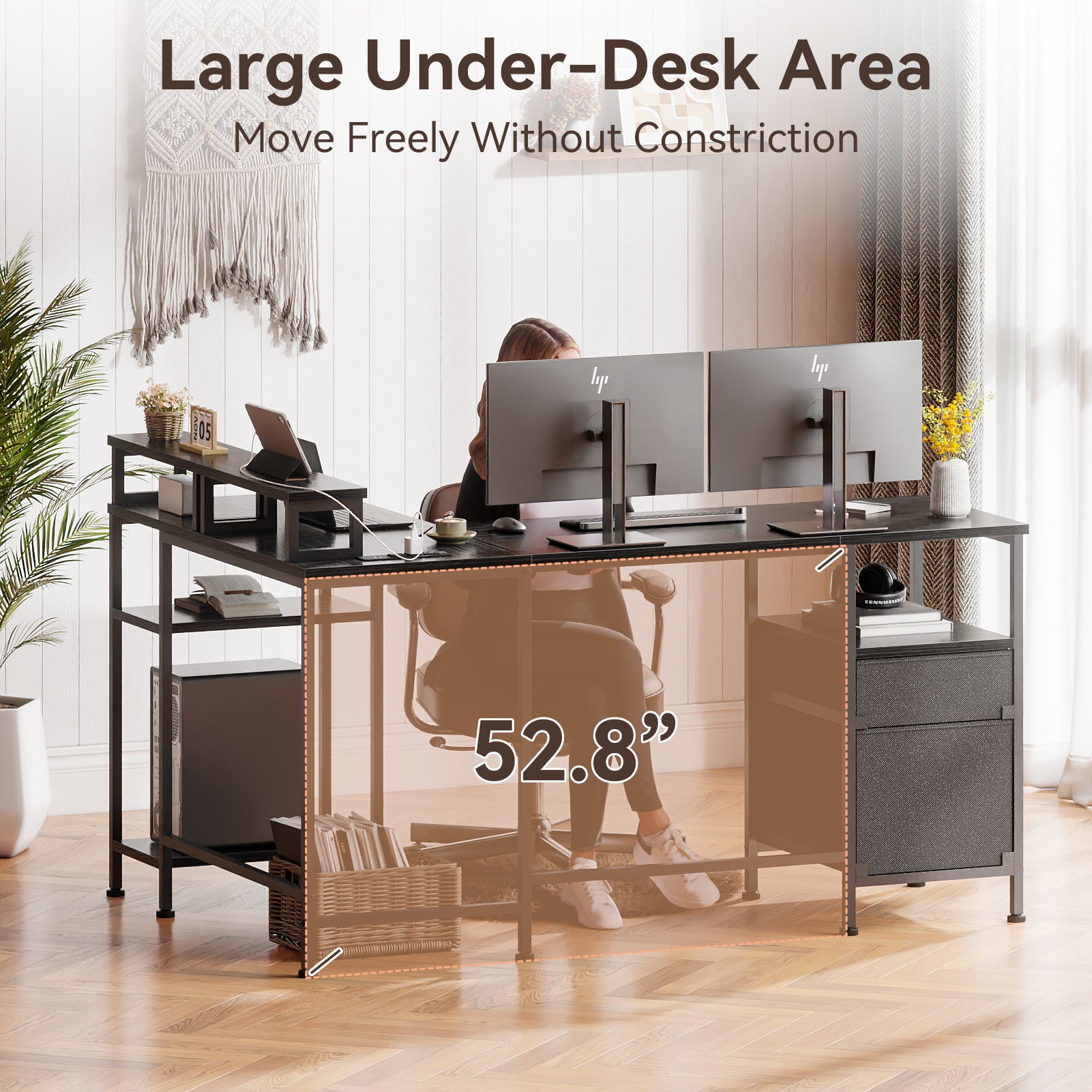 59 Inch Black L Shaped Computer Desk with Charging Station Reversible Corner Gaming Desk File Cabinet Monitor Stand Storage Home Office Workstation