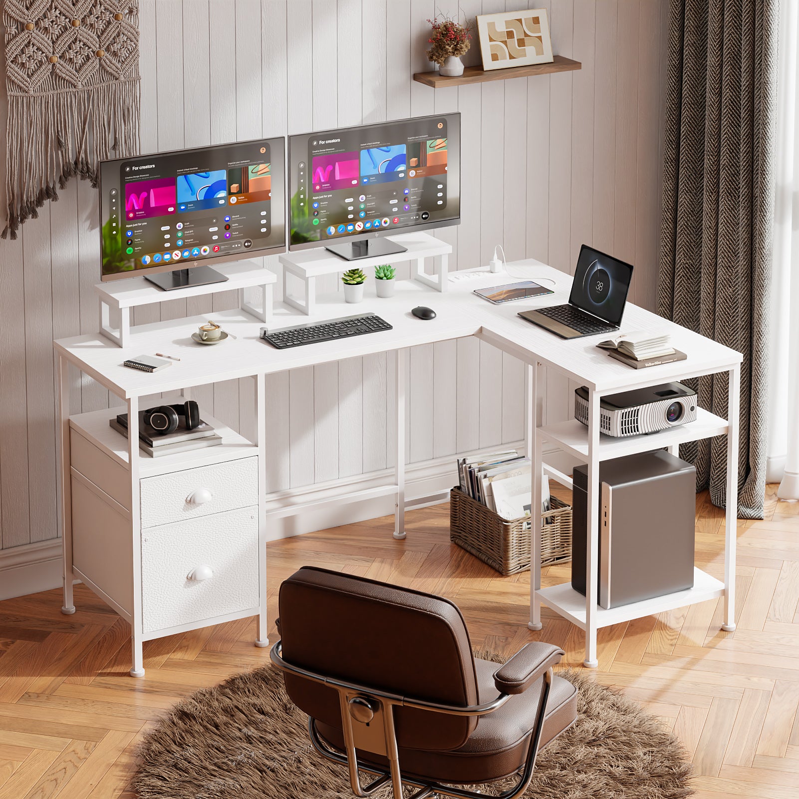 59 Inch White L Shaped Computer Desk with Charging Station Reversible Corner Gaming Desk File Cabinet Monitor Stand Storage Home Office Workstation