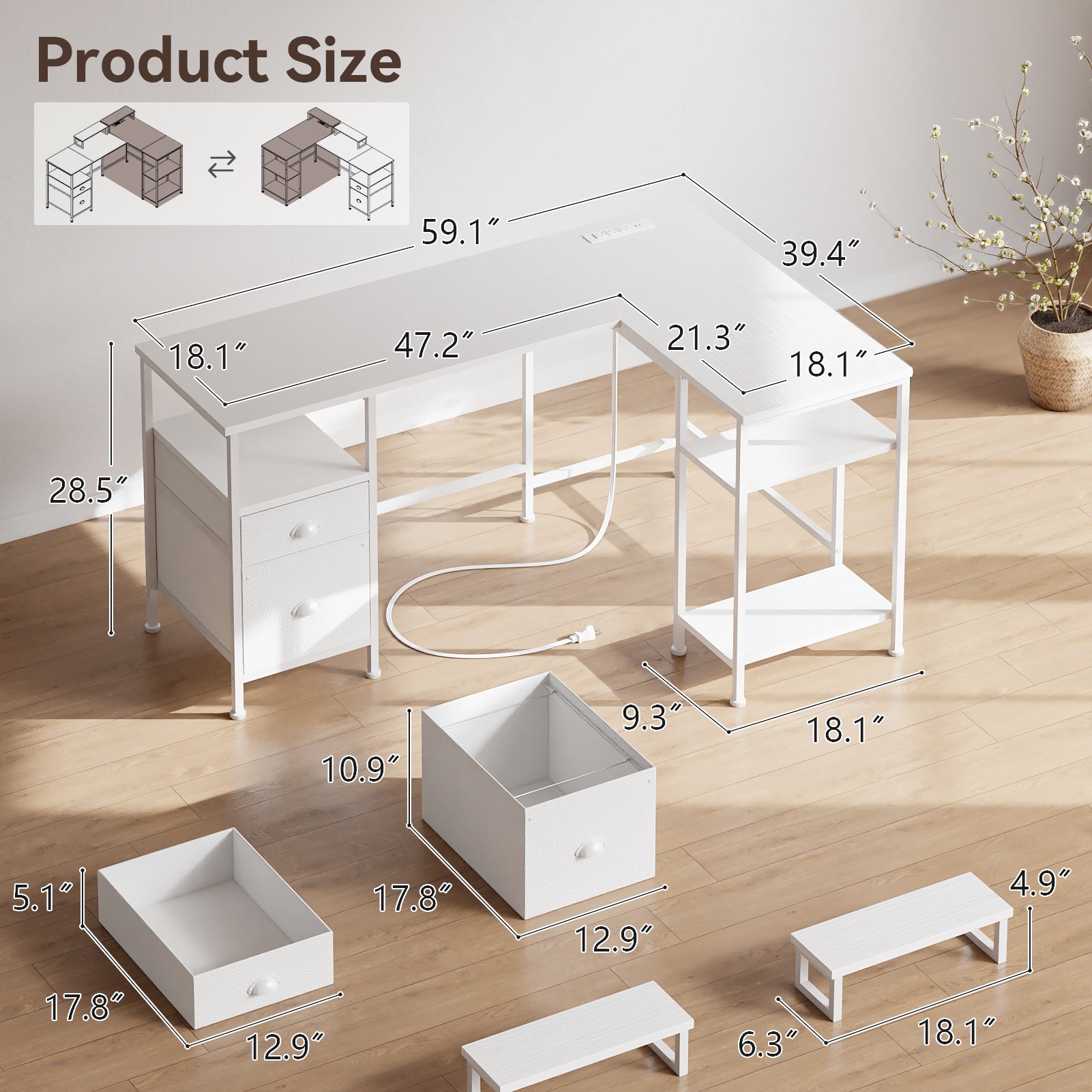 59 Inch White L Shaped Computer Desk with Charging Station Reversible Corner Gaming Desk File Cabinet Monitor Stand Storage Home Office Workstation