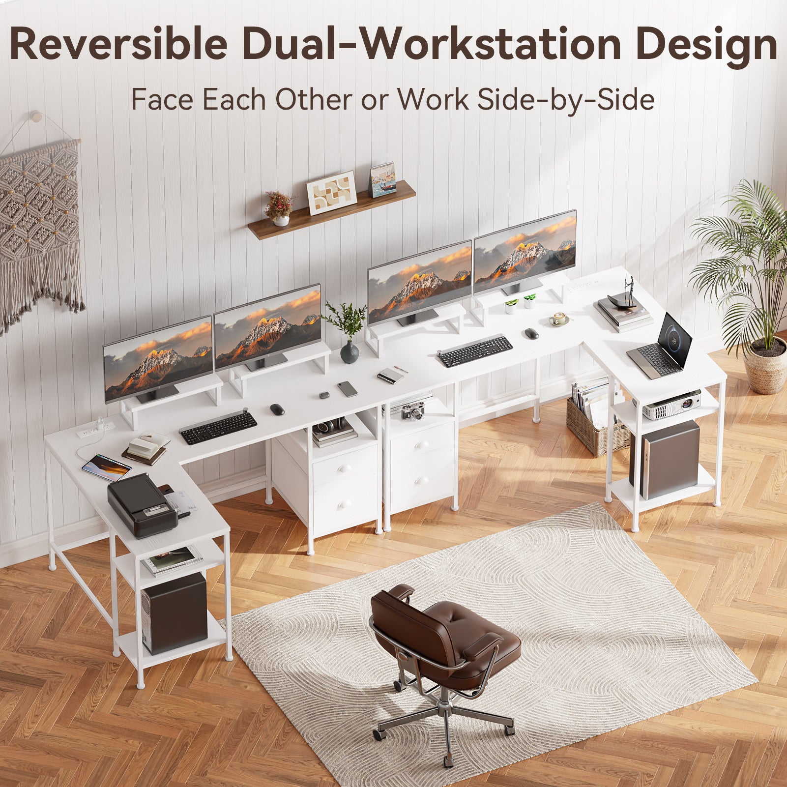 59 Inch White L Shaped Computer Desk with Charging Station Reversible Corner Gaming Desk File Cabinet Monitor Stand Storage Home Office Workstation