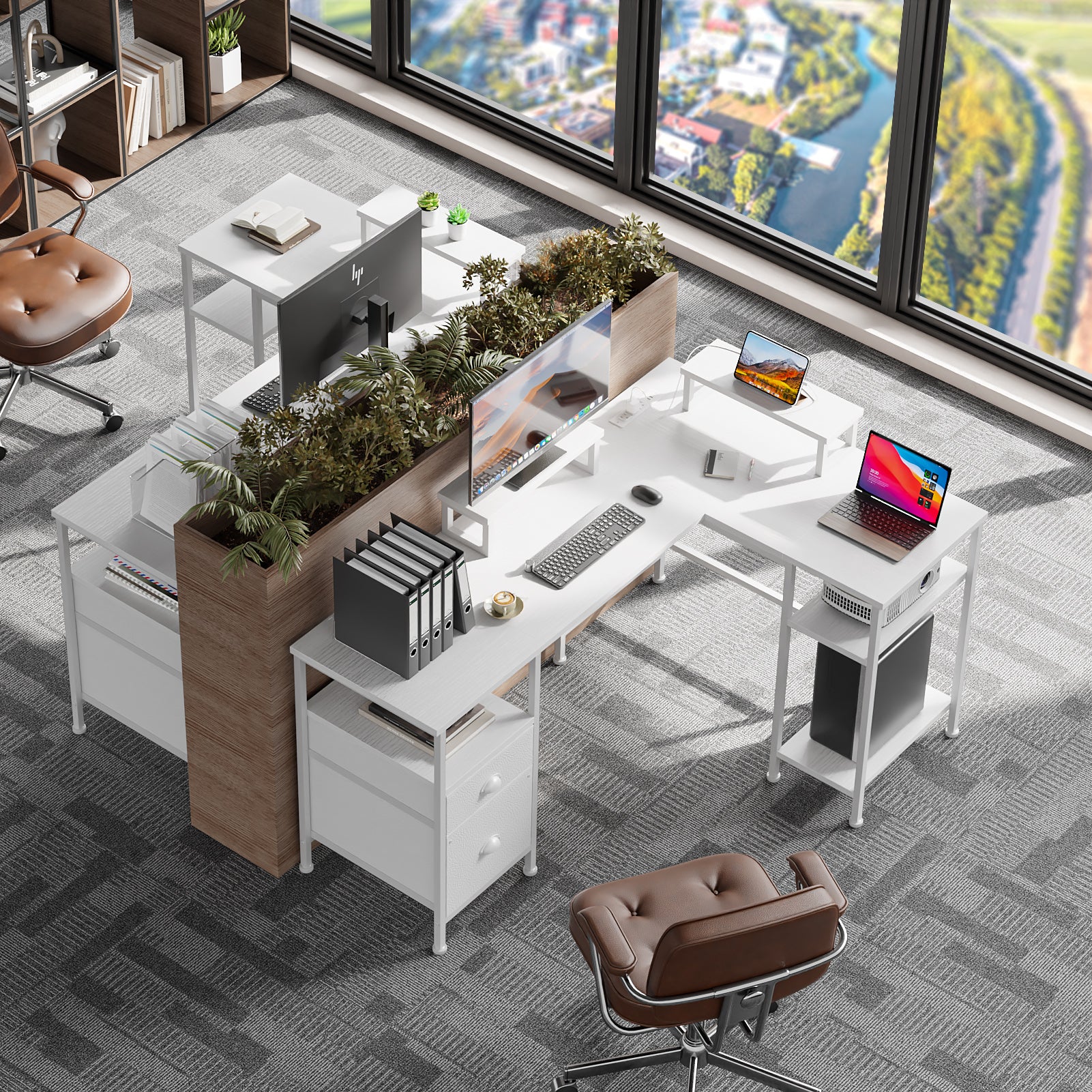 59 Inch White L Shaped Computer Desk with Charging Station Reversible Corner Gaming Desk File Cabinet Monitor Stand Storage Home Office Workstation