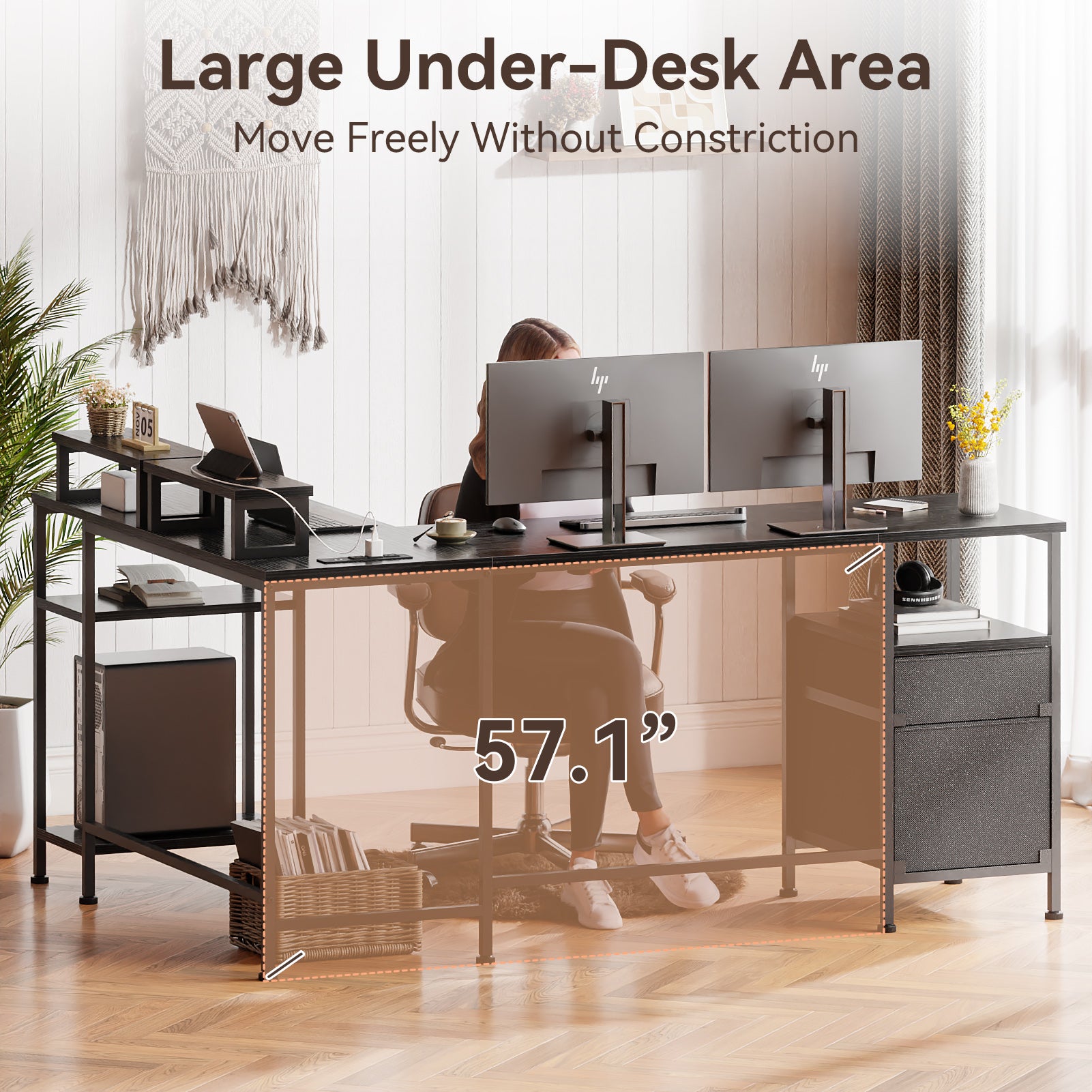 66 Inch Black L Shaped Computer Desk with Charging Station Reversible Corner Gaming Desk File Cabinet Monitor Stand Storage Home Office Workstation