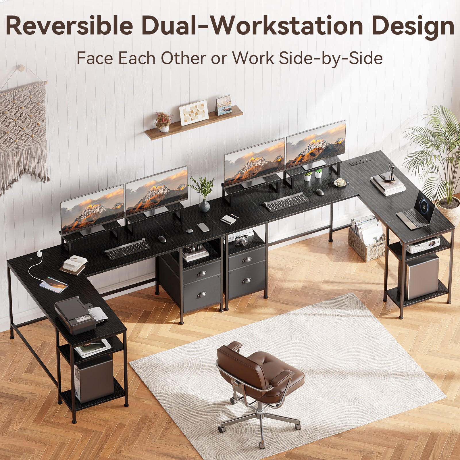 66 Inch Black L Shaped Computer Desk with Charging Station Reversible Corner Gaming Desk File Cabinet Monitor Stand Storage Home Office Workstation