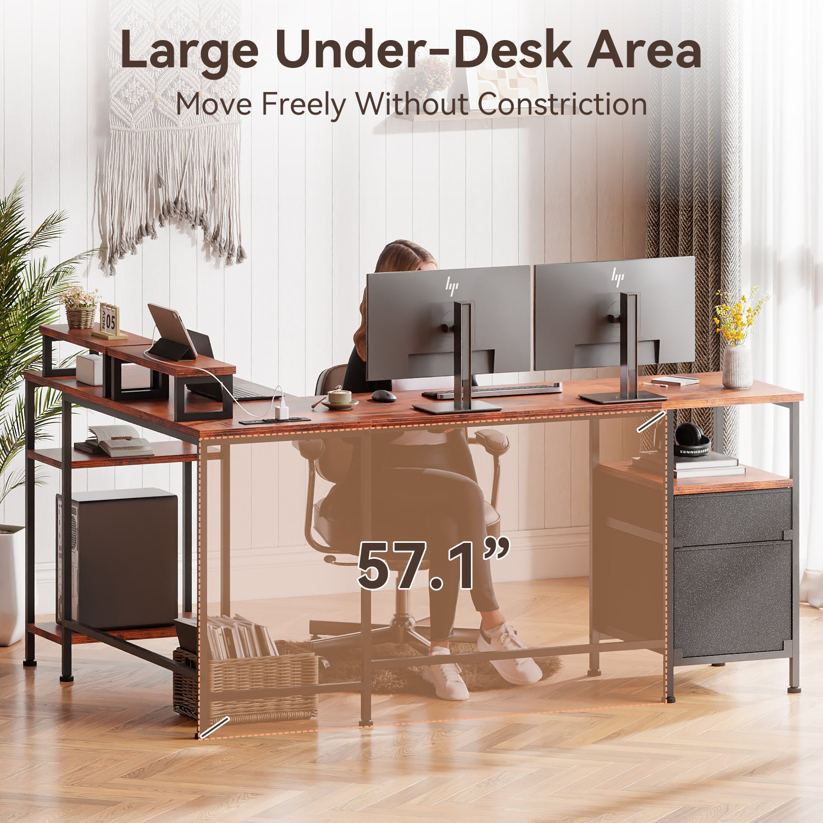 66 Inch Brown L Shaped Computer Desk with Charging Station Reversible Corner Gaming Desk File Cabinet Monitor Stand Storage Home Office Workstation