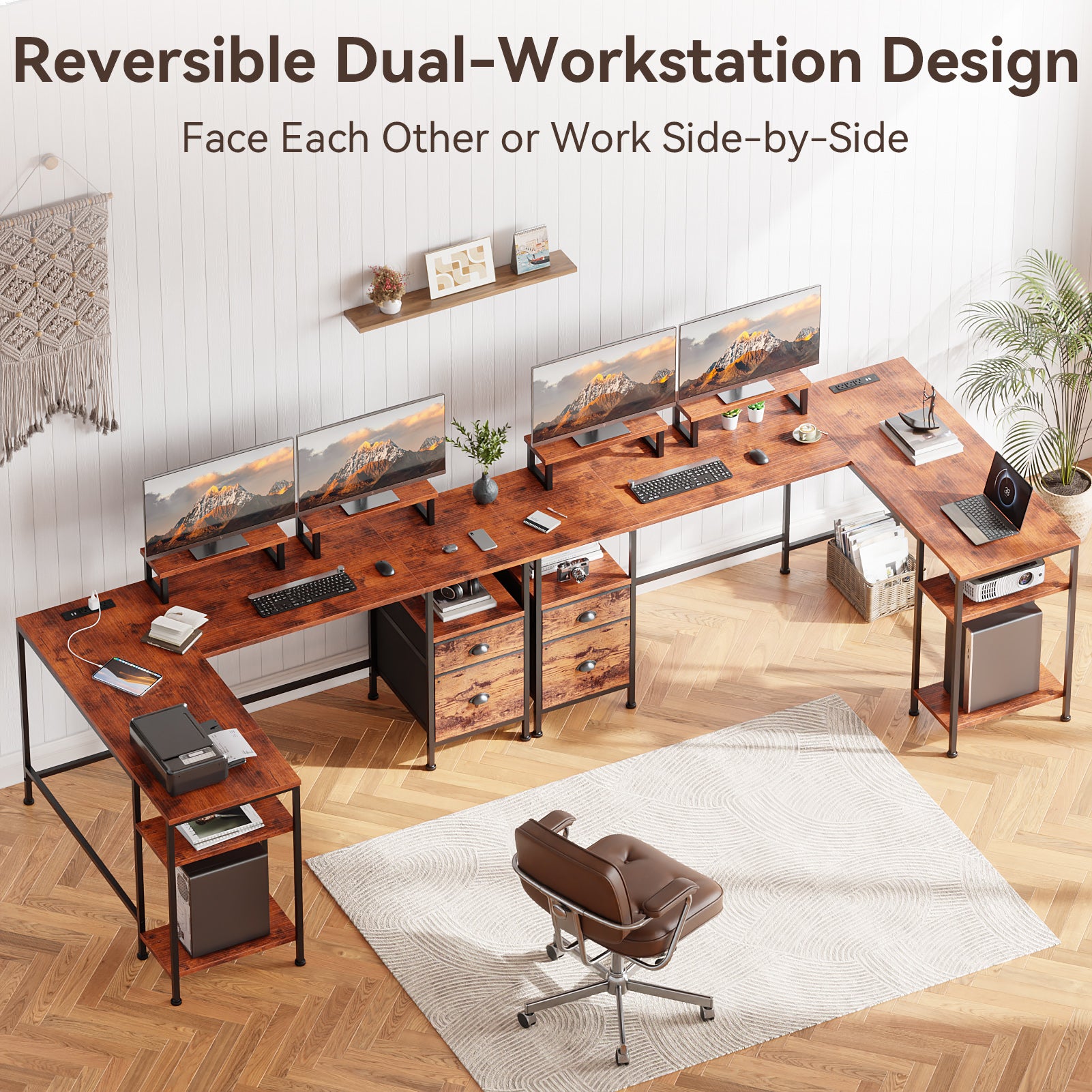 66 Inch Brown L Shaped Computer Desk with Charging Station Reversible Corner Gaming Desk File Cabinet Monitor Stand Storage Home Office Workstation