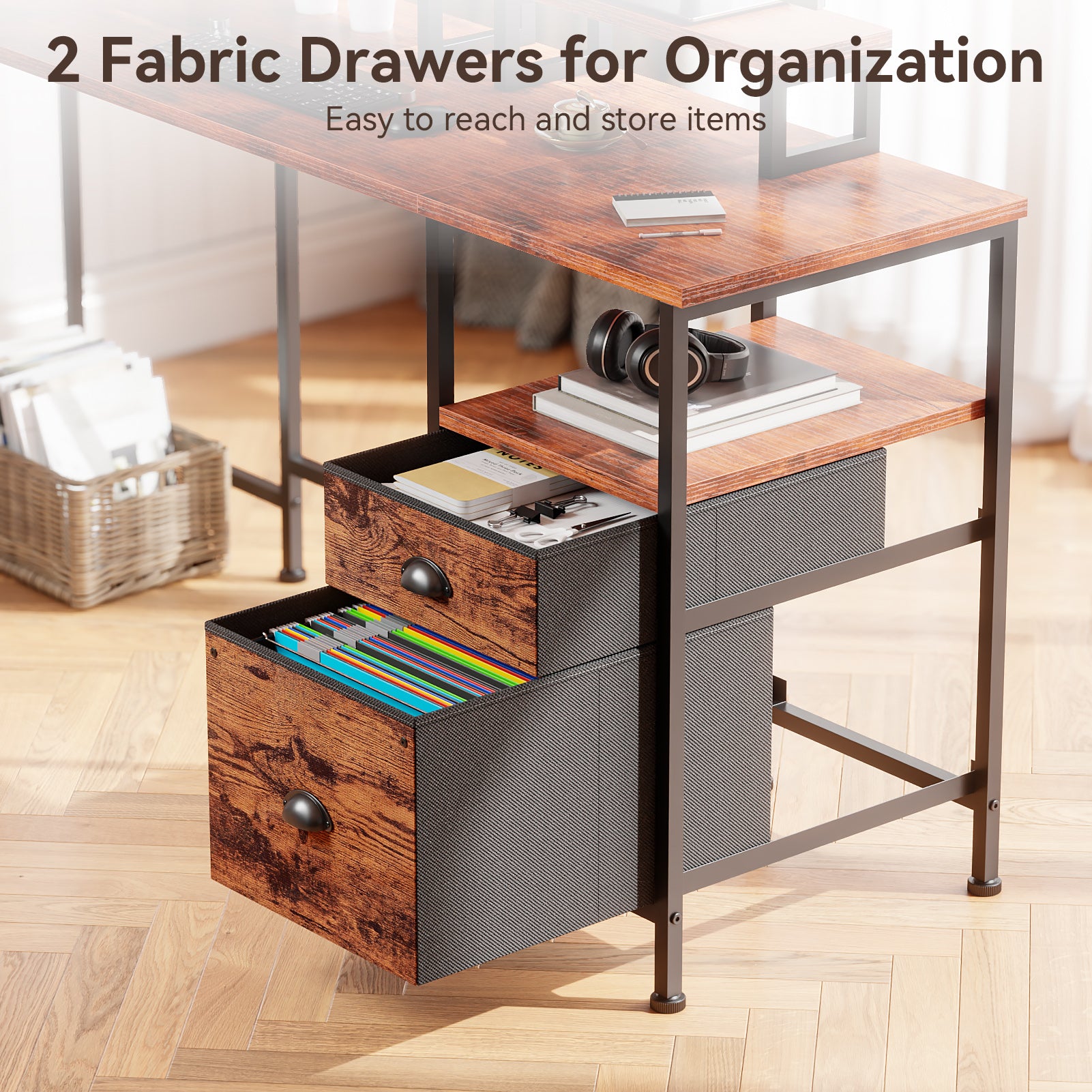 66 Inch Brown L Shaped Computer Desk with Charging Station Reversible Corner Gaming Desk File Cabinet Monitor Stand Storage Home Office Workstation