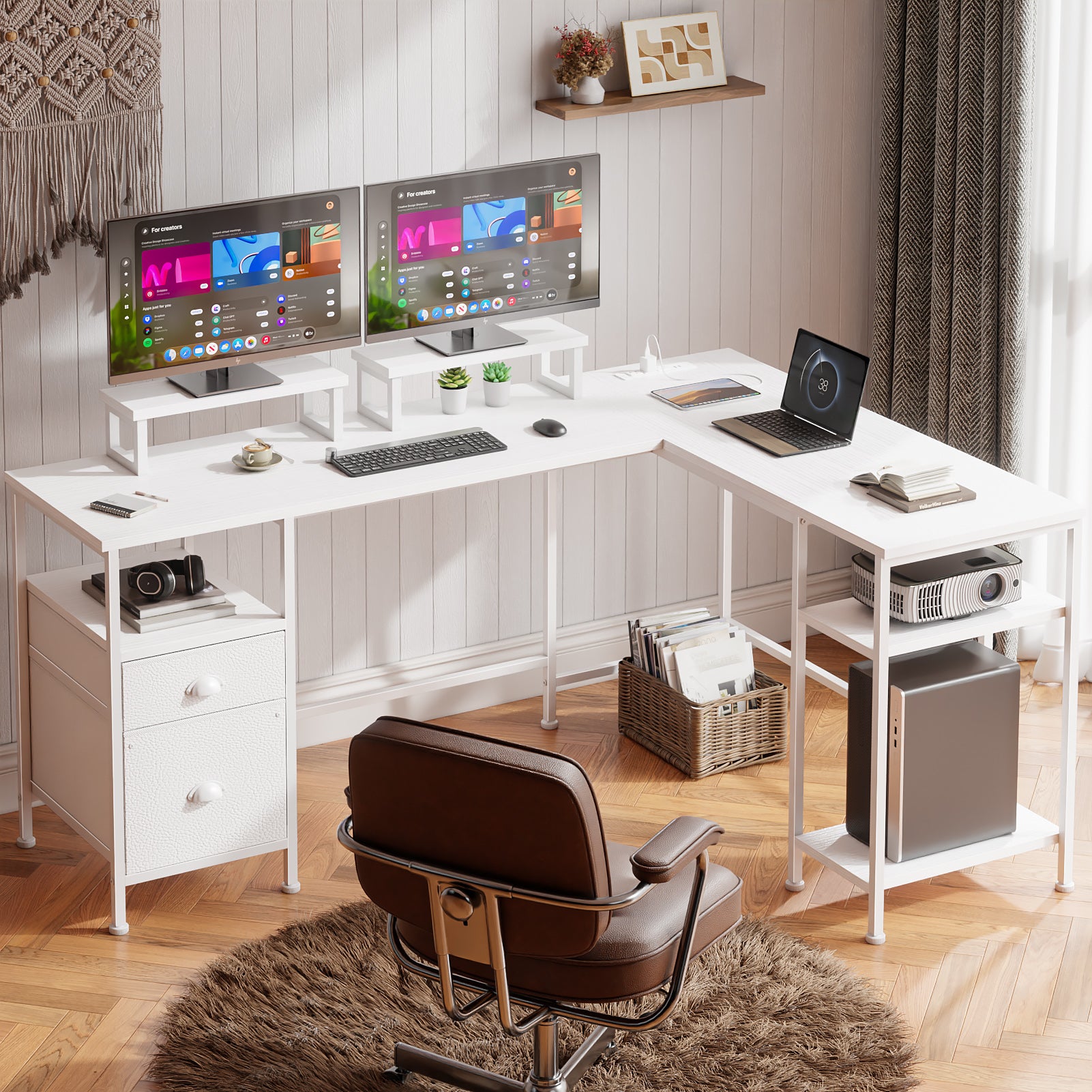 66 Inch White L Shaped Computer Desk with Charging Station Reversible Corner Gaming Desk File Cabinet Monitor Stand Storage Home Office Workstation