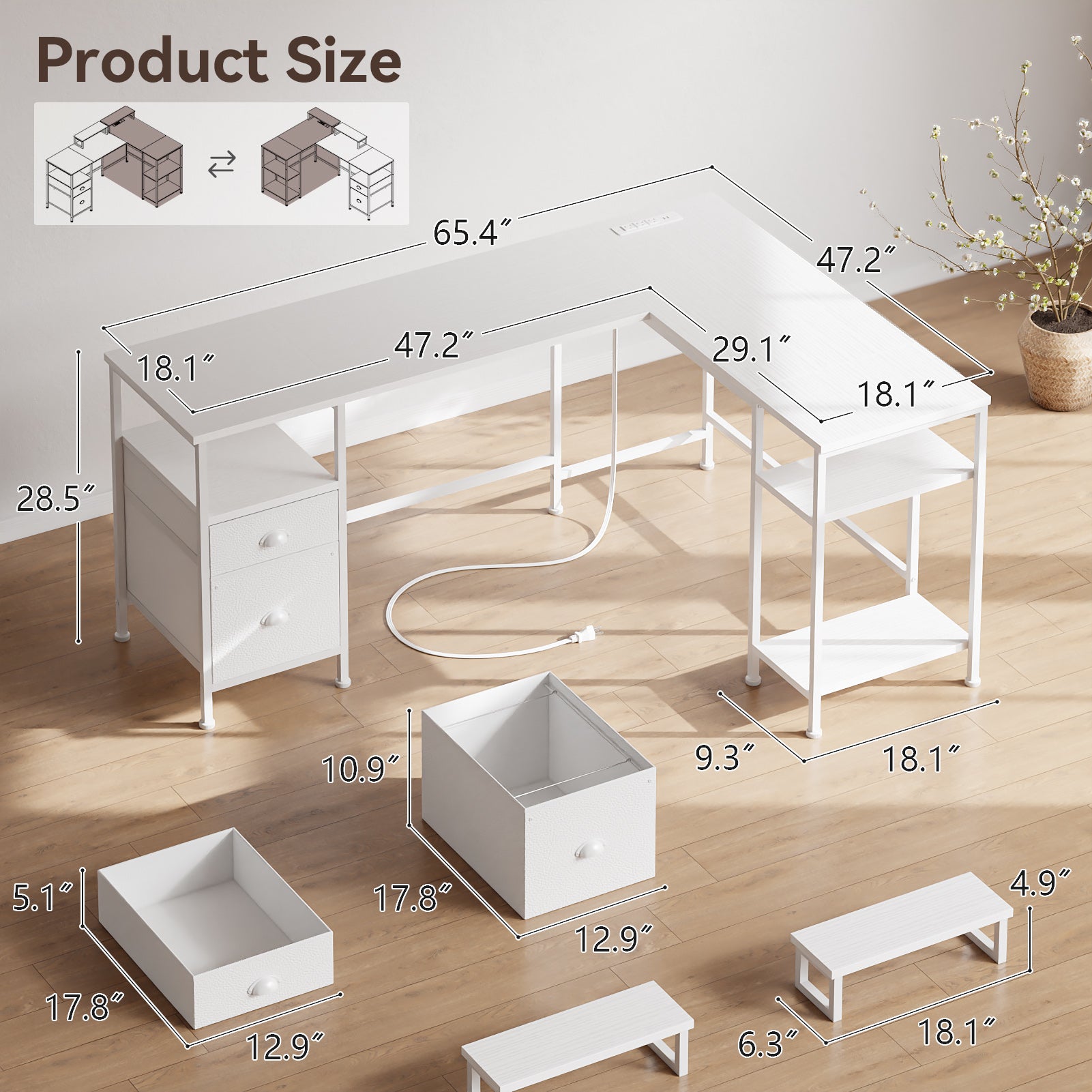 66 Inch White L Shaped Computer Desk with Charging Station Reversible Corner Gaming Desk File Cabinet Monitor Stand Storage Home Office Workstation