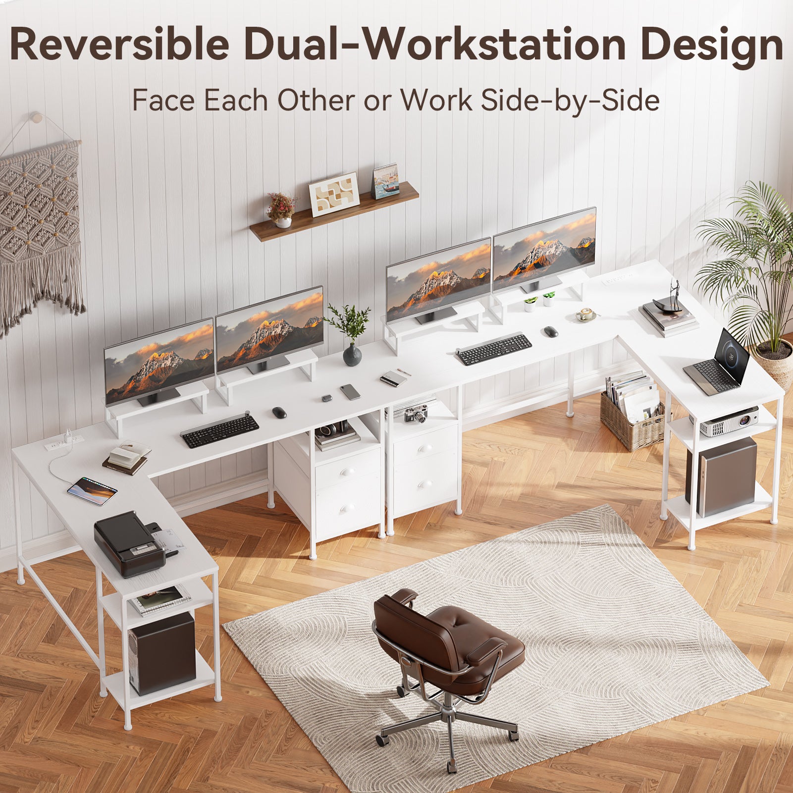 66 Inch White L Shaped Computer Desk with Charging Station Reversible Corner Gaming Desk File Cabinet Monitor Stand Storage Home Office Workstation