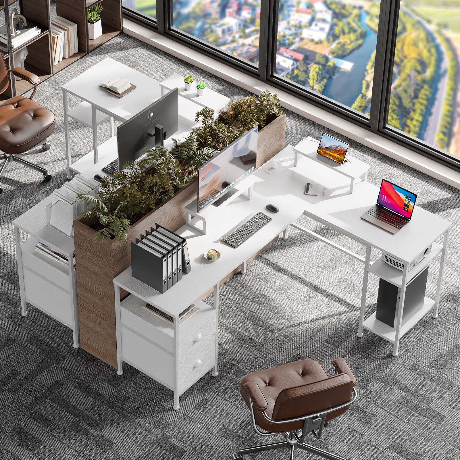 66 Inch White L Shaped Computer Desk with Charging Station Reversible Corner Gaming Desk File Cabinet Monitor Stand Storage Home Office Workstation