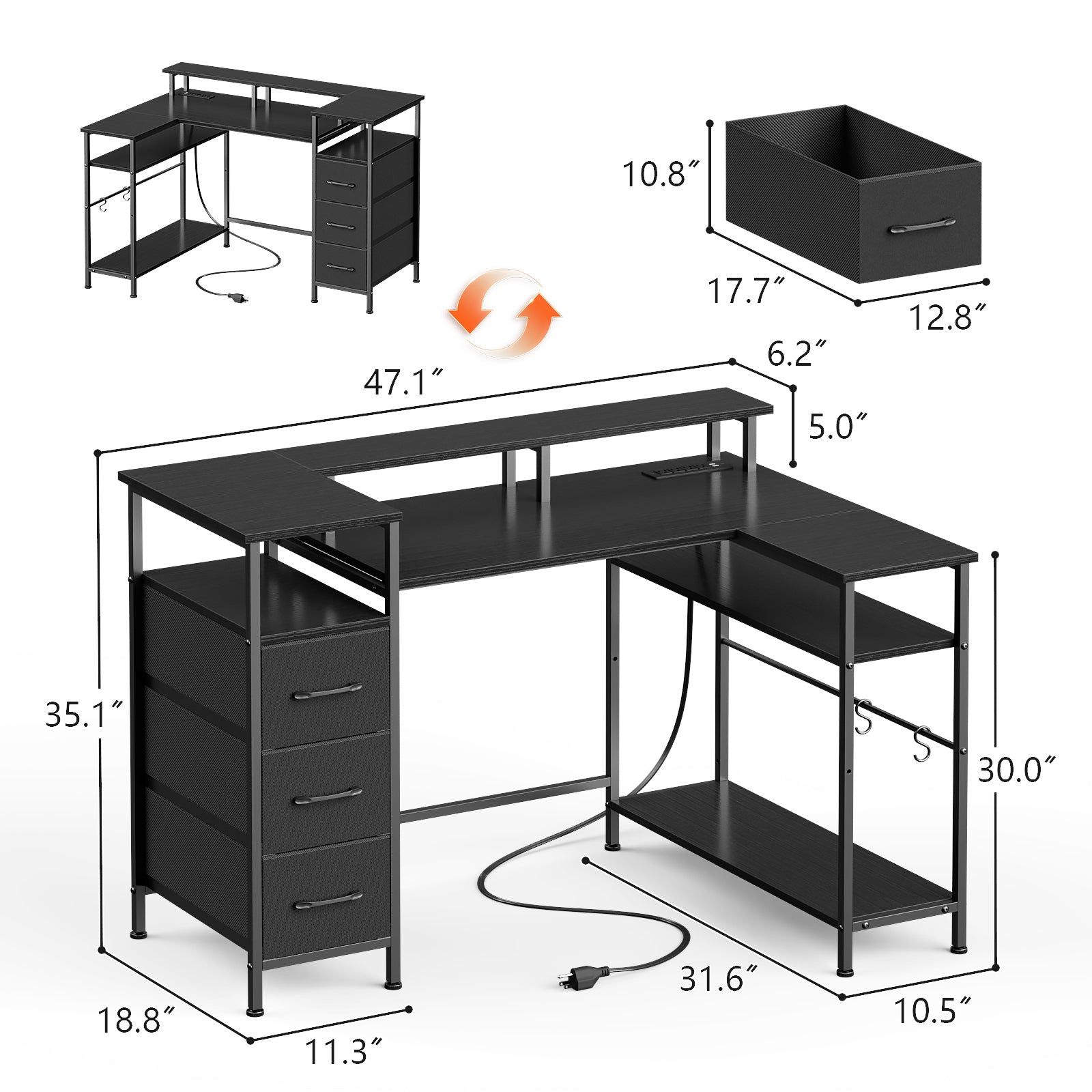 47 Inch Black L Shaped Computer Desk with Charging Station Reversible Gaming Desk LED Lights File Cabinet Monitor Stand Storage Shelves Home Office