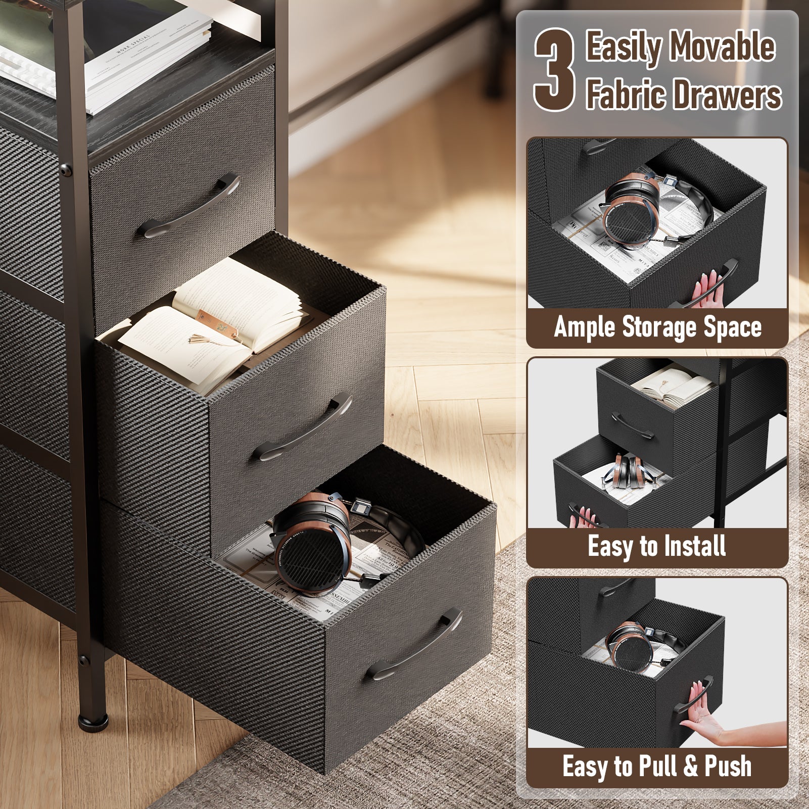 47 Inch Black L Shaped Computer Desk with Charging Station Reversible Gaming Desk LED Lights File Cabinet Monitor Stand Storage Shelves Home Office