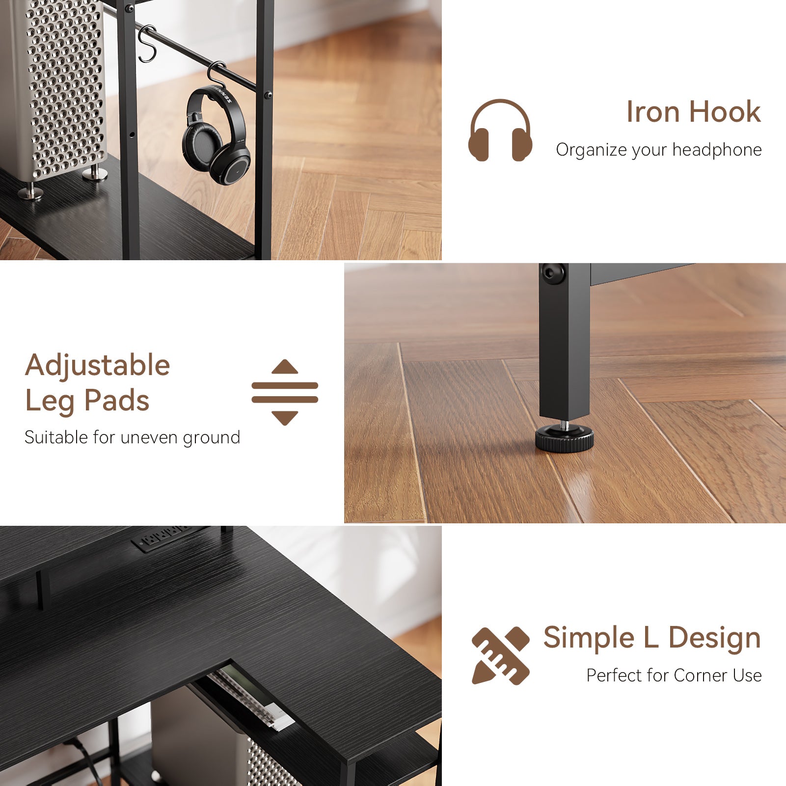47 Inch Black L Shaped Computer Desk with Charging Station Reversible Gaming Desk LED Lights File Cabinet Monitor Stand Storage Shelves Home Office