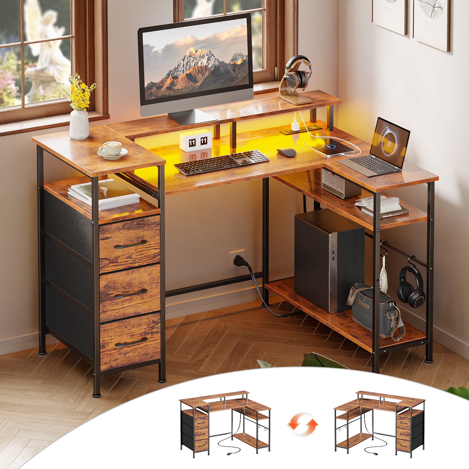 47 Inch Brown L Shaped Computer Desk with Charging Station Reversible Gaming Desk LED Lights File Cabinet Monitor Stand Storage Shelves Home Office