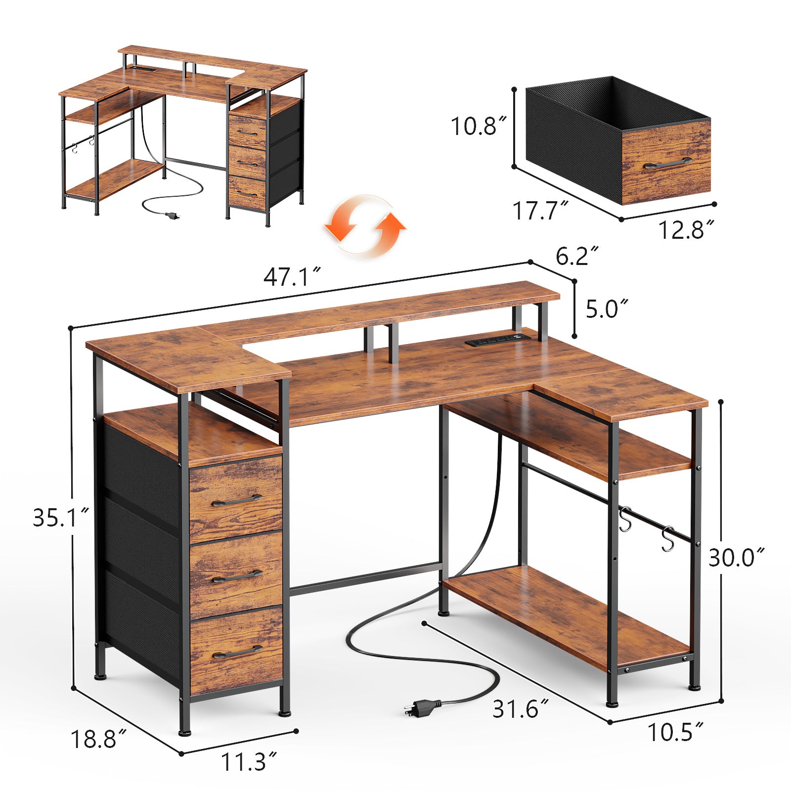 47 Inch Brown L Shaped Computer Desk with Charging Station Reversible Gaming Desk LED Lights File Cabinet Monitor Stand Storage Shelves Home Office