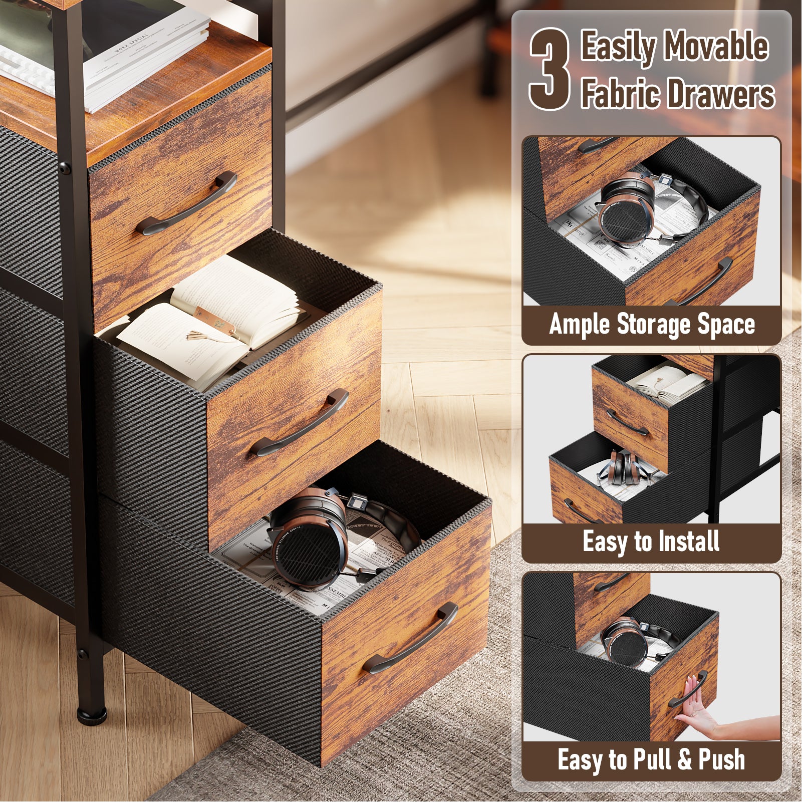 47 Inch Brown L Shaped Computer Desk with Charging Station Reversible Gaming Desk LED Lights File Cabinet Monitor Stand Storage Shelves Home Office