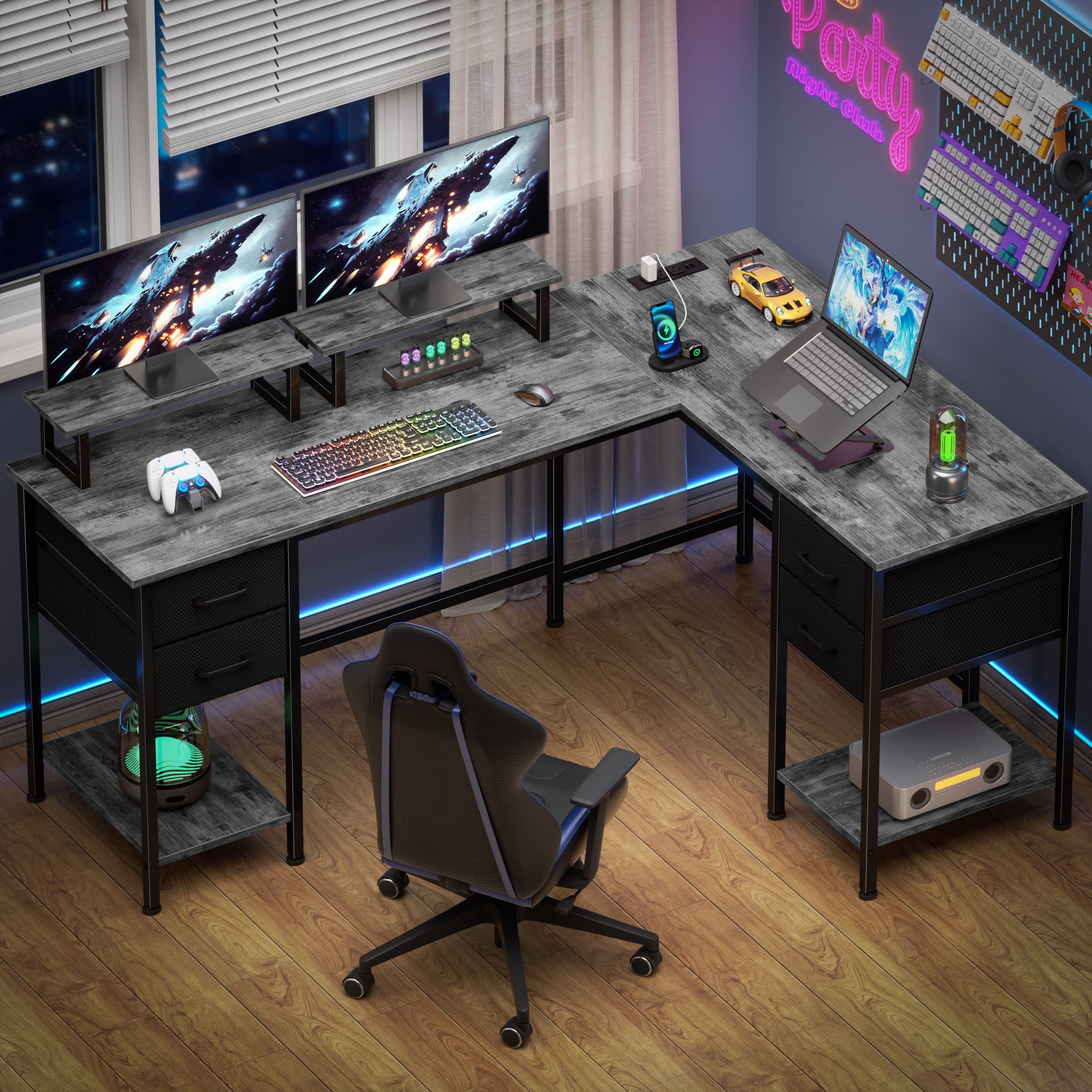 Qwatto 59 Inch Grey L Shaped Computer Desk with Charging Station Two Person Gaming Desk 4 Drawers 2 Monitor Stands Home Office Corner Workstation