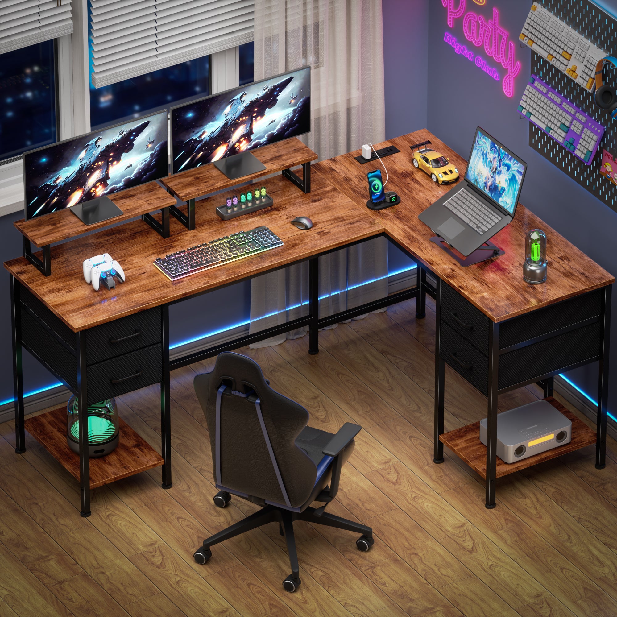 59 Inch Rustic Brown L Shaped Computer Desk with Charging Station Two Person Gaming Desk 4 Drawers 2 Monitor Stands Home Office Corner Workstation