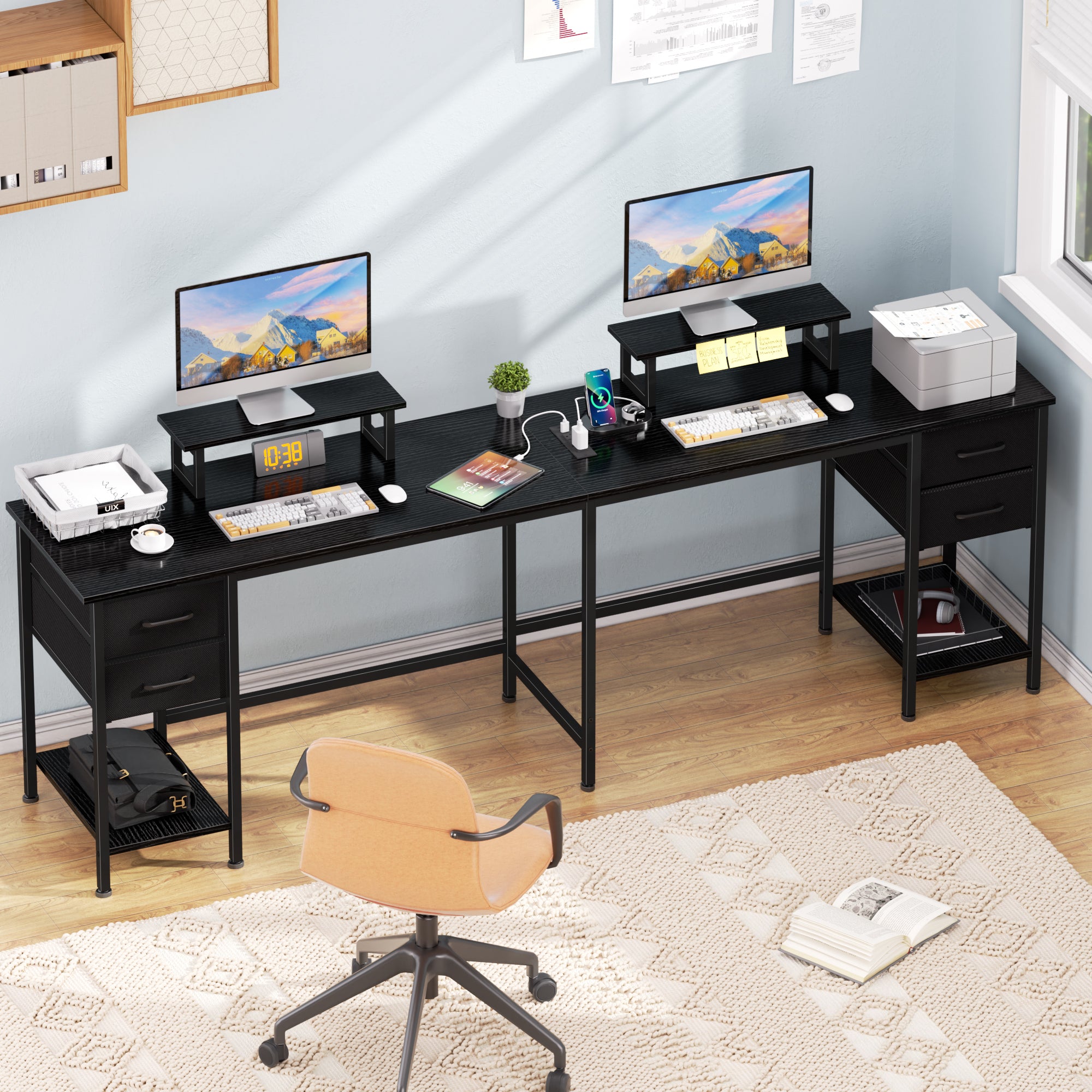 Qwatto 59 Inch Black L Shaped Computer Desk with Charging Station Two Person Gaming Desk 4 Drawers 2 Monitor Stands Home Office Corner Workstation