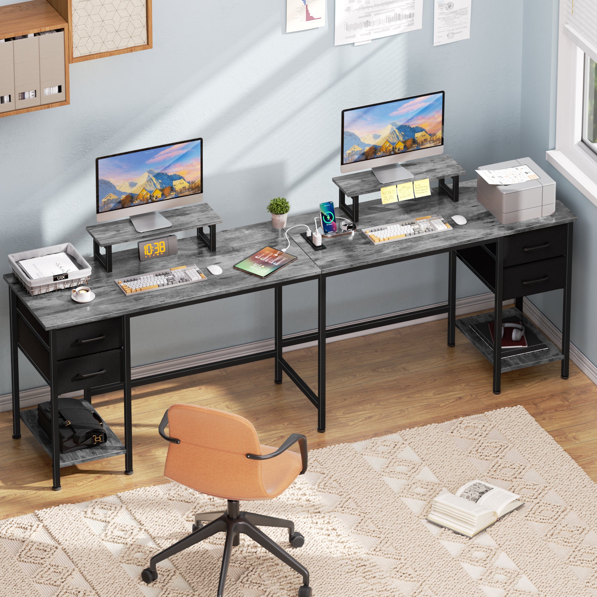 Qwatto 59 Inch Grey L Shaped Computer Desk with Charging Station Two Person Gaming Desk 4 Drawers 2 Monitor Stands Home Office Corner Workstation
