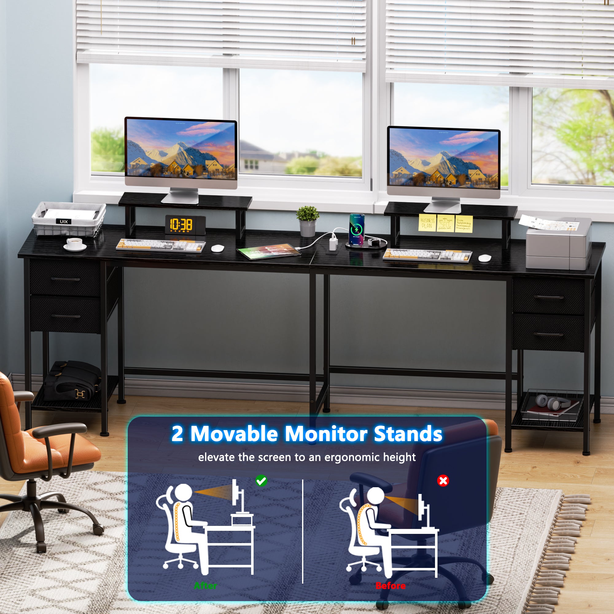 Qwatto 59 Inch Black L Shaped Computer Desk with Charging Station Two Person Gaming Desk 4 Drawers 2 Monitor Stands Home Office Corner Workstation