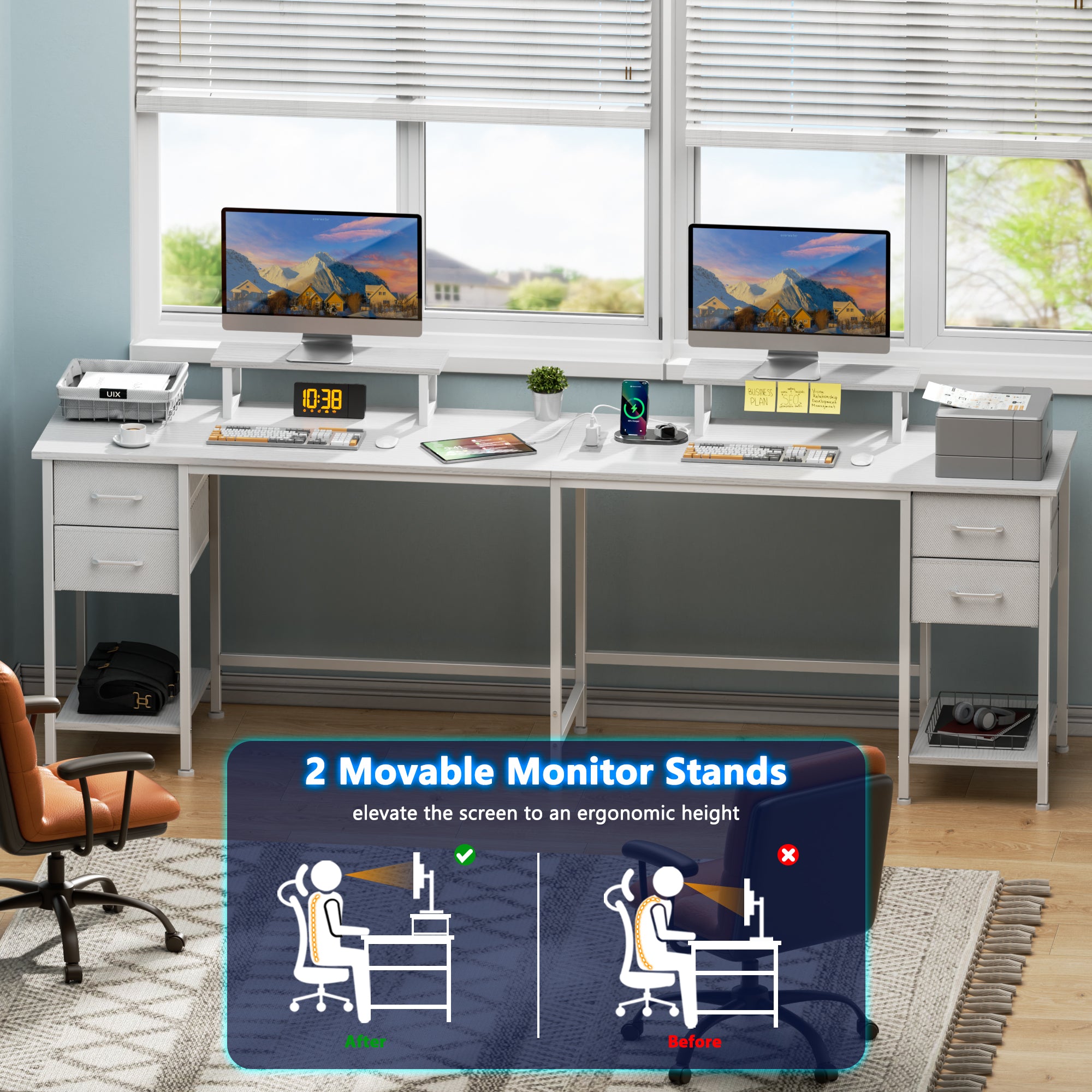 Qwatto 59 Inch White L Shaped Computer Desk with Charging Station Two Person Gaming Desk 4 Drawers 2 Monitor Stands Home Office Corner Workstation
