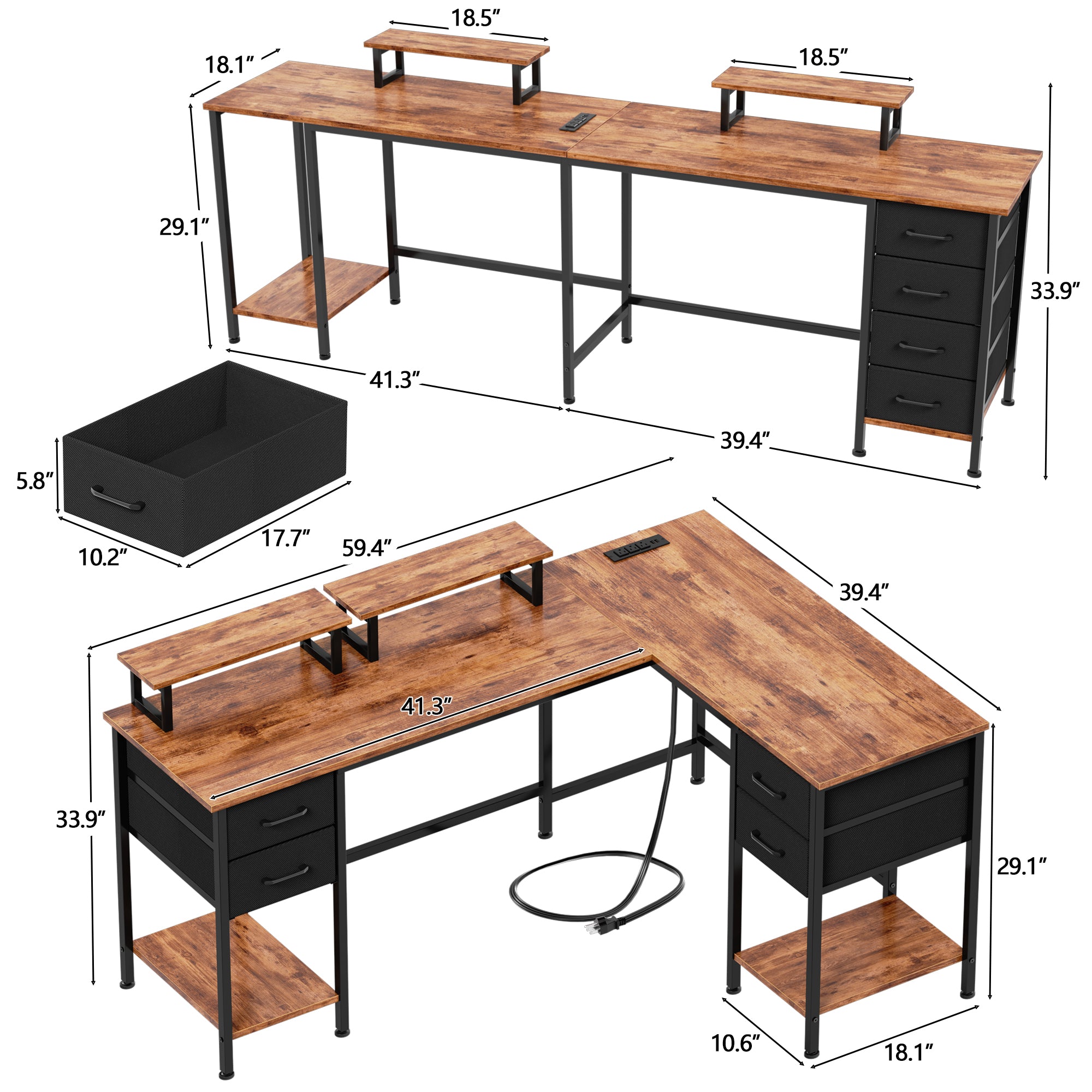 59 Inch Rustic Brown L Shaped Computer Desk with Charging Station Two Person Gaming Desk 4 Drawers 2 Monitor Stands Home Office Corner Workstation