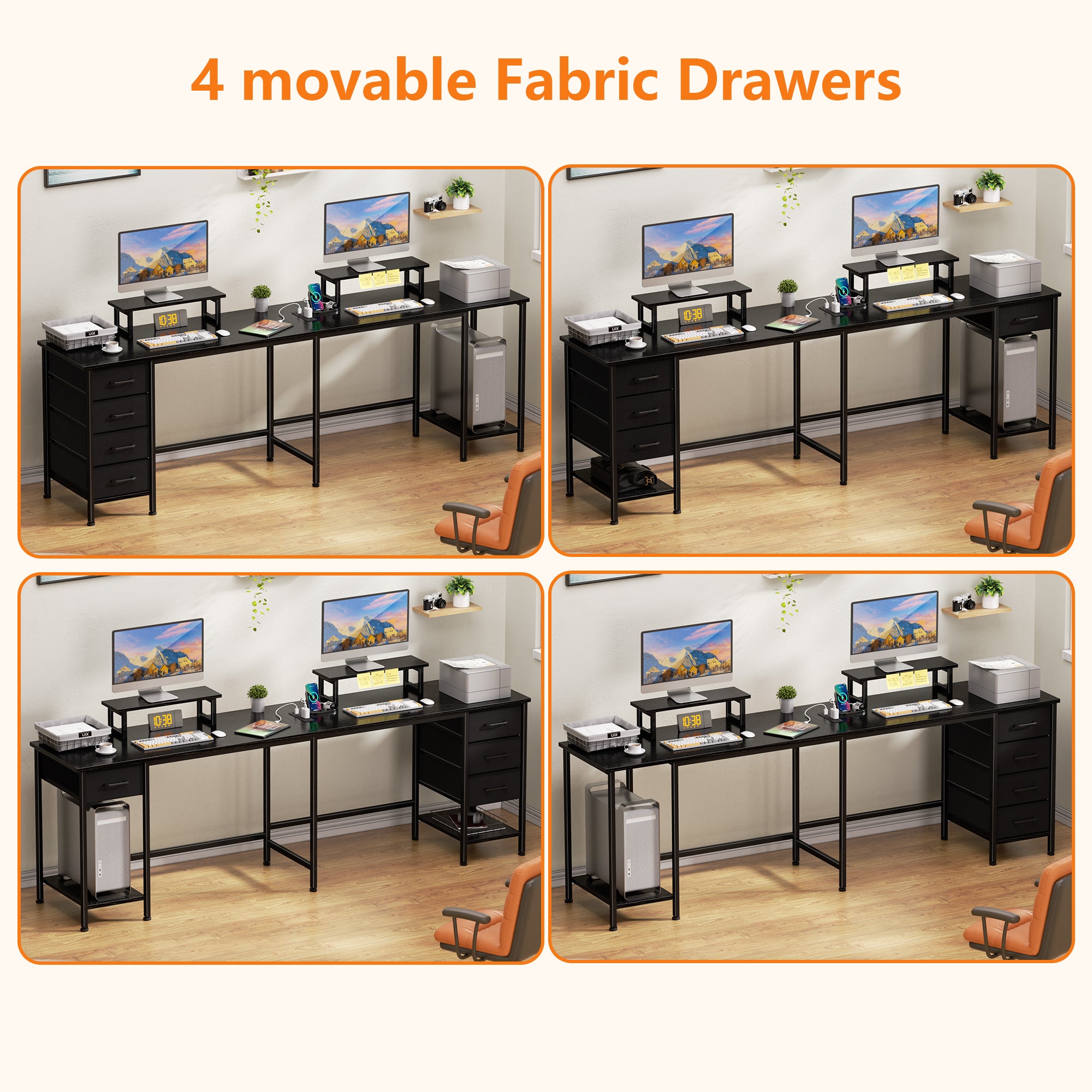 Qwatto 59 Inch Black L Shaped Computer Desk with Charging Station Two Person Gaming Desk 4 Drawers 2 Monitor Stands Home Office Corner Workstation