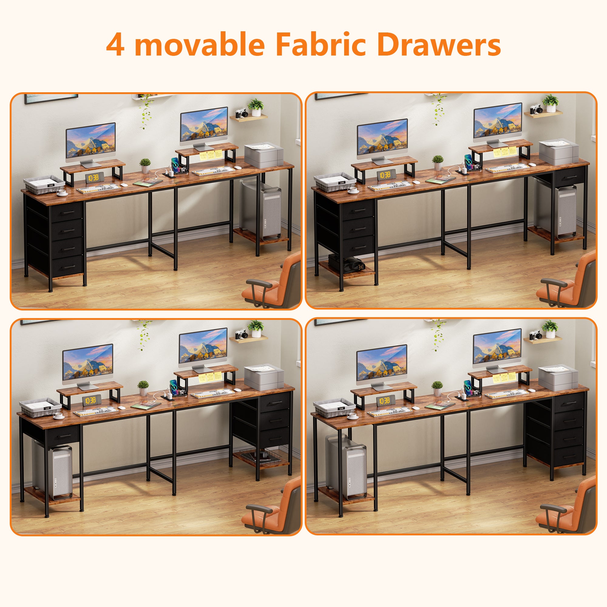 59 Inch Rustic Brown L Shaped Computer Desk with Charging Station Two Person Gaming Desk 4 Drawers 2 Monitor Stands Home Office Corner Workstation