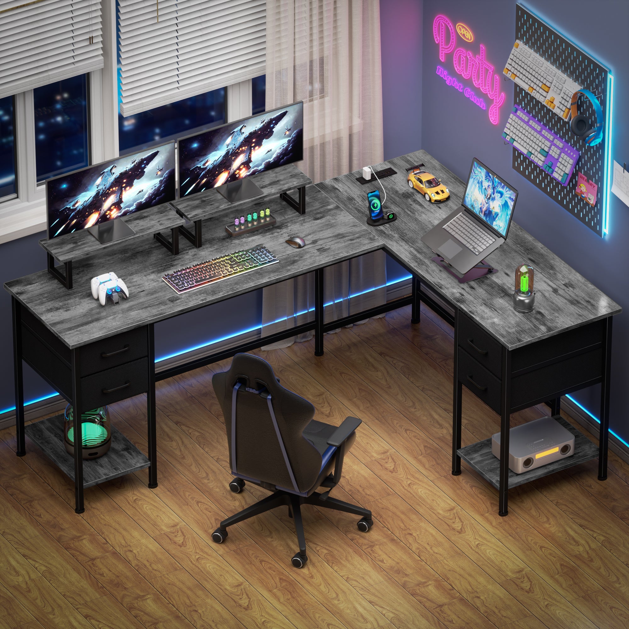 66 Inch Grey L Shaped Computer Desk with Charging Station 94.4 Inch Long Two Person Gaming Desk 4 Drawers 2 Monitor Stands Home Office Storage