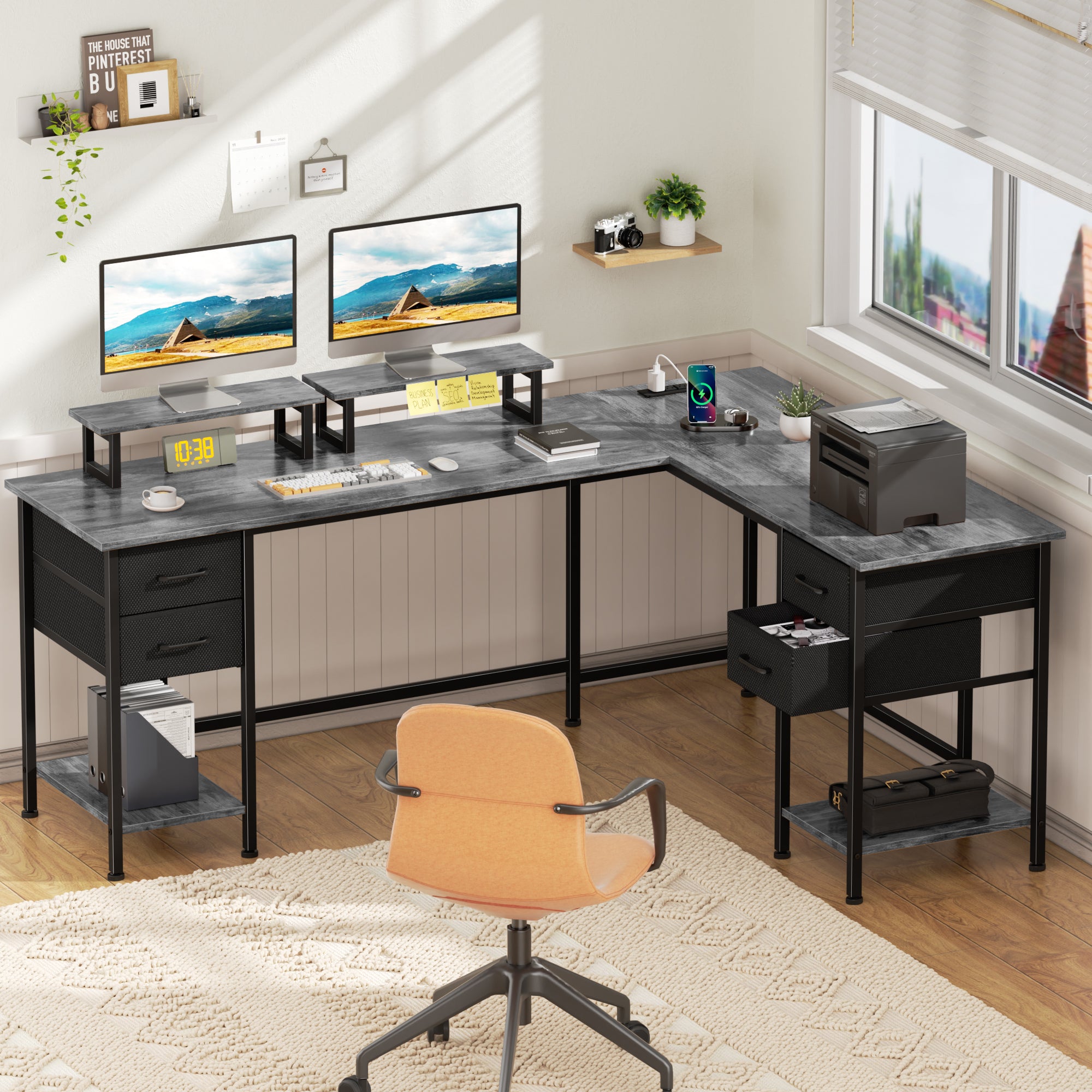 66 Inch Grey L Shaped Computer Desk with Charging Station 94.4 Inch Long Two Person Gaming Desk 4 Drawers 2 Monitor Stands Home Office Storage