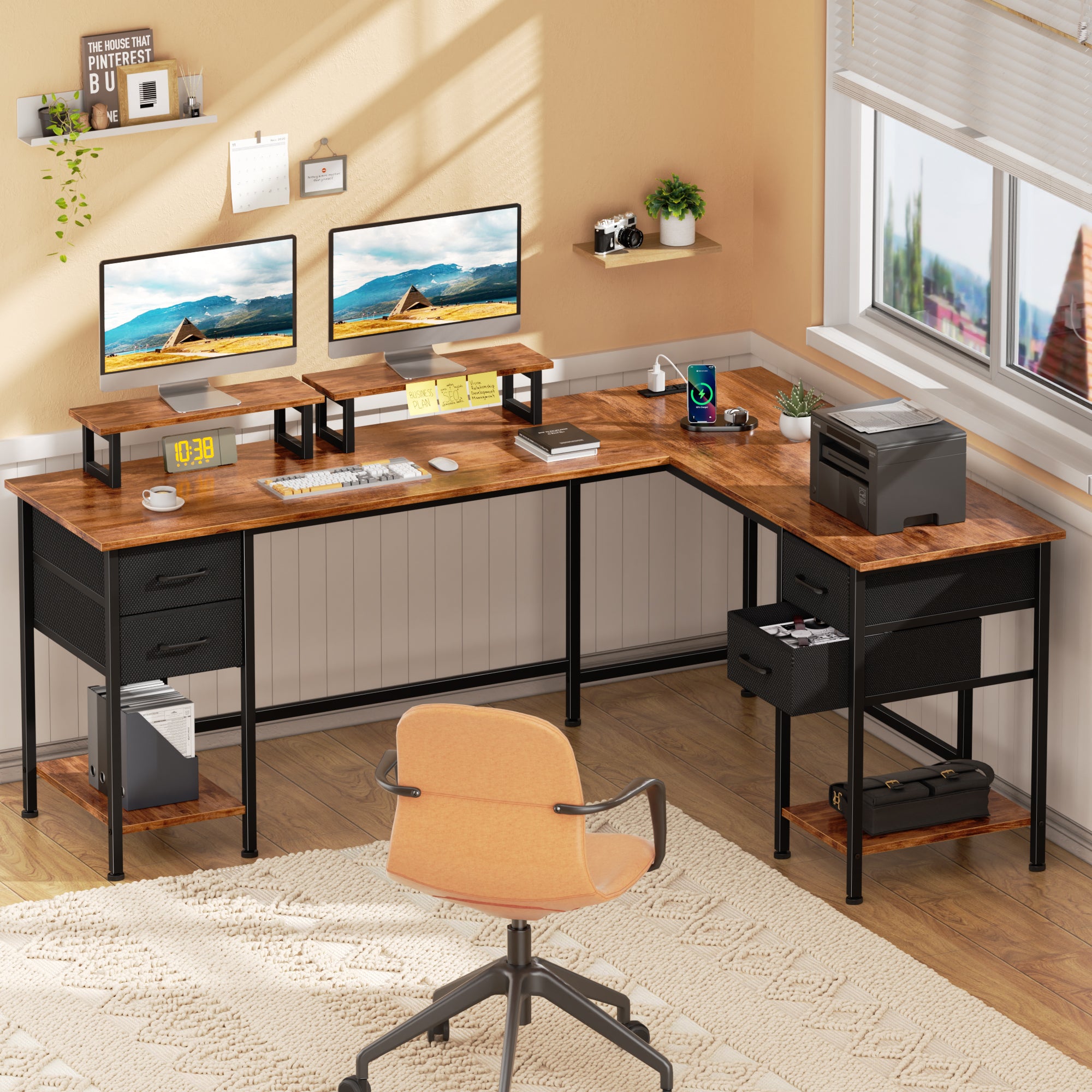 66 Inch Brown L Shaped Computer Desk with Charging Station 94.4 Inch Long Two Person Gaming Desk 4 Drawers 2 Monitor Stands Home Office Storage