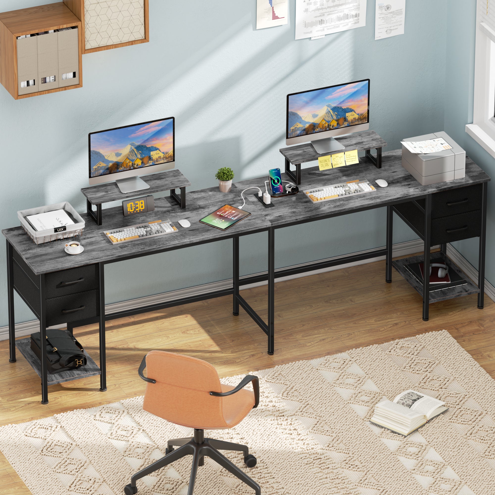 66 Inch Grey L Shaped Computer Desk with Charging Station 94.4 Inch Long Two Person Gaming Desk 4 Drawers 2 Monitor Stands Home Office Storage