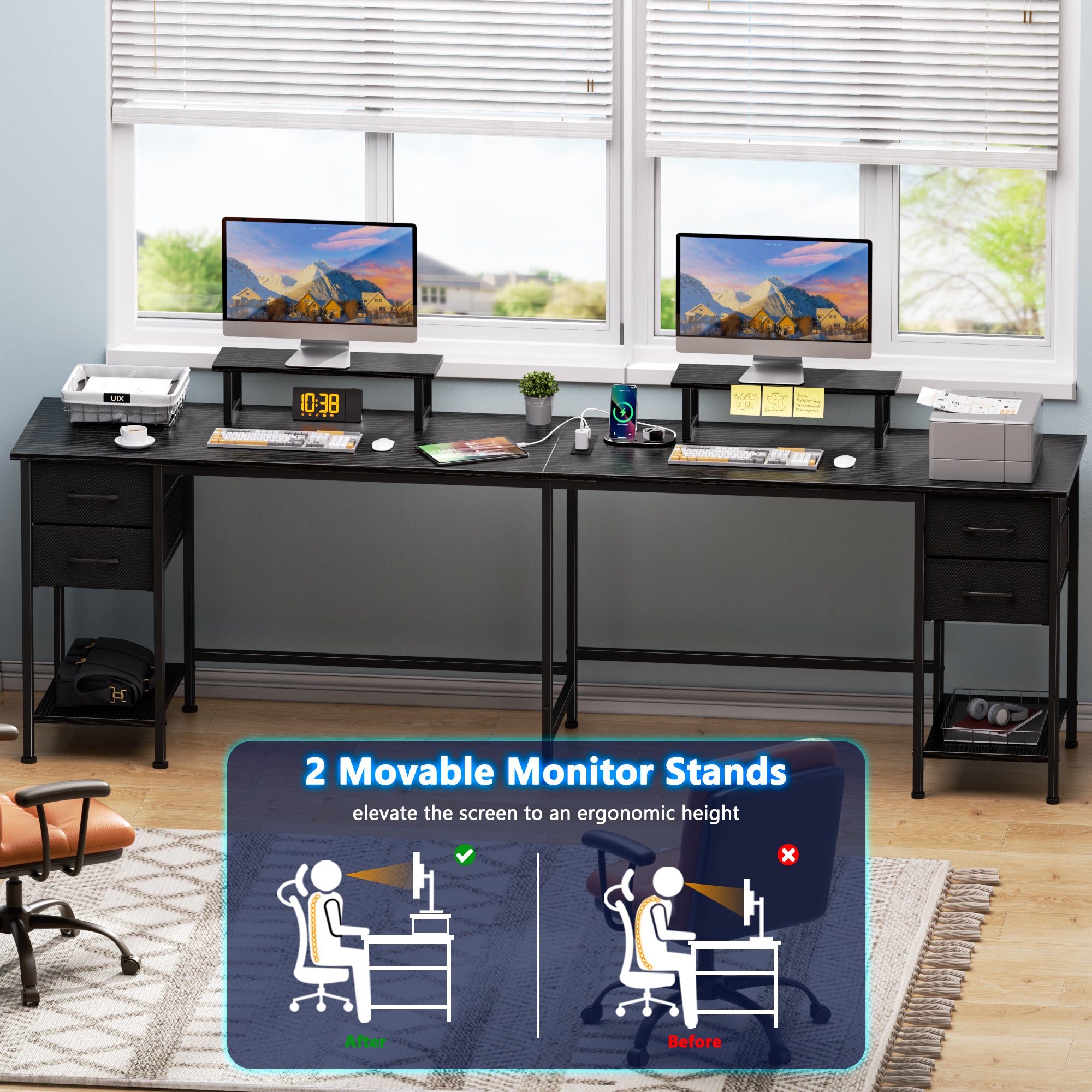 66 Inch Black L Shaped Computer Desk with Charging Station 94.4 Inch Long Two Person Gaming Desk 4 Drawers 2 Monitor Stands Home Office Storage